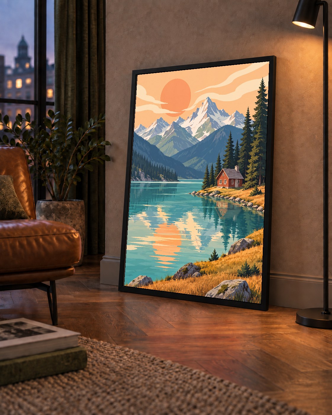 Göl Kenarında Dağ Manzarası Pastel Dijital Poster