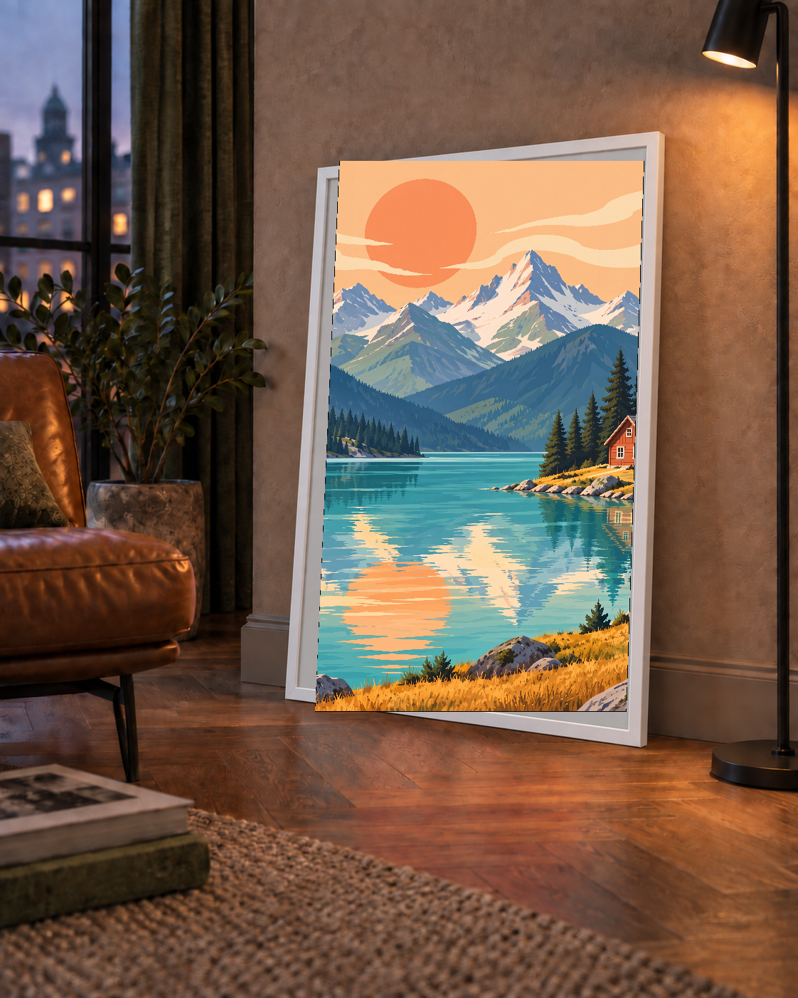 Göl Kenarında Dağ Manzarası Pastel Dijital Poster