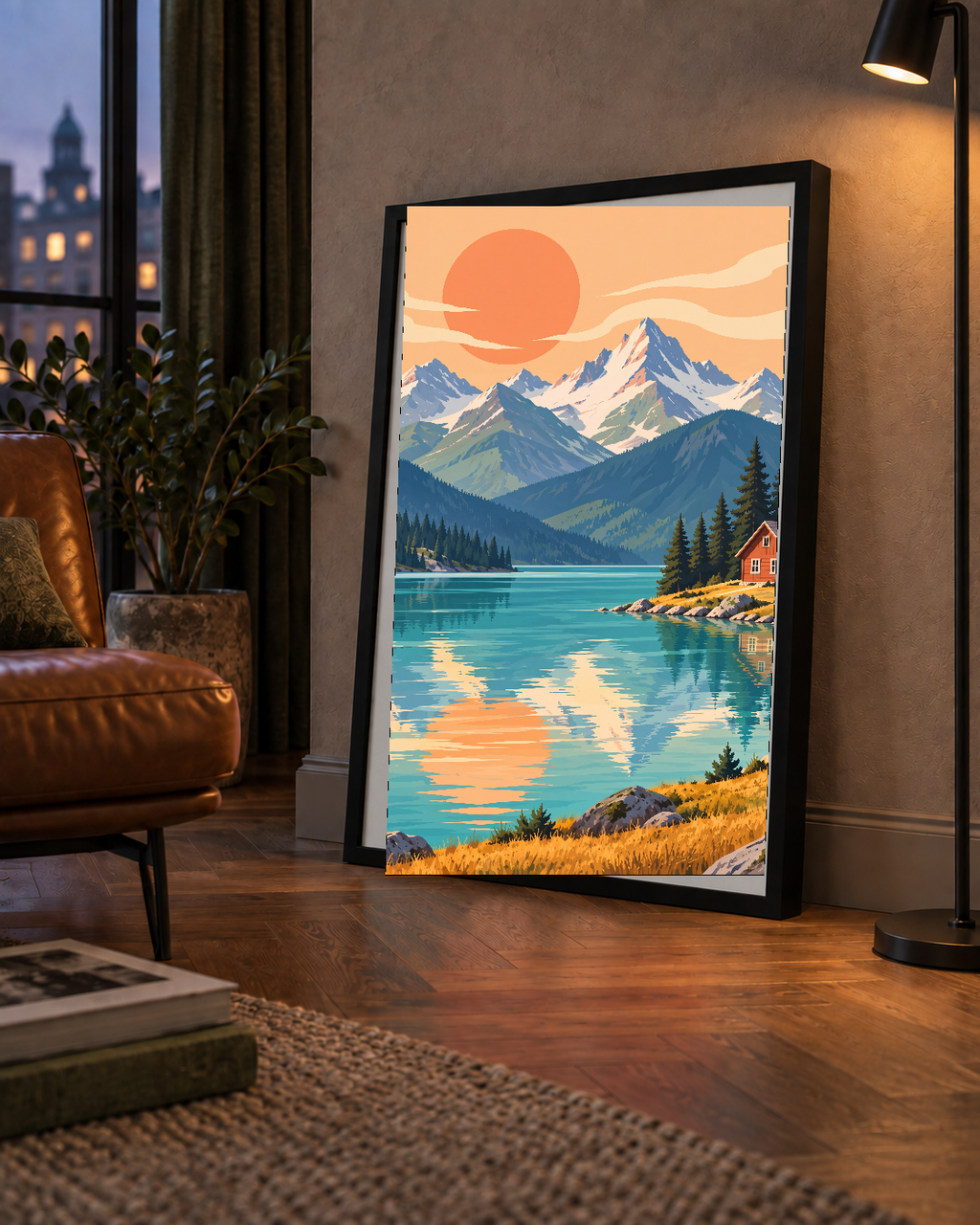 Göl Kenarında Dağ Manzarası Pastel Dijital Poster
