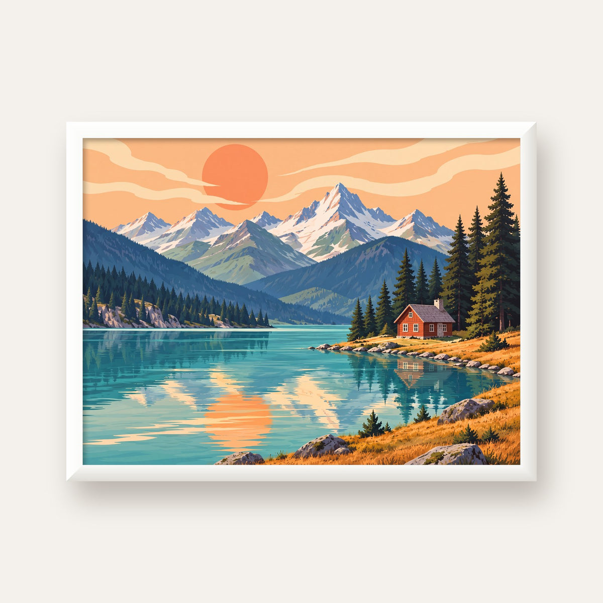 Göl Kenarında Dağ Manzarası Pastel Dijital Poster — beyaz çerçeveli yatay poster