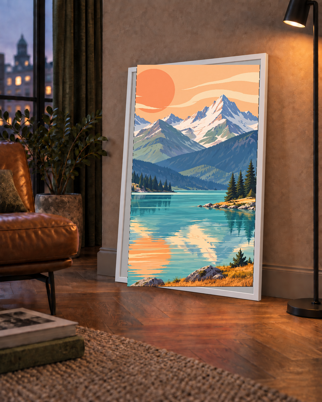 Göl Kenarında Dağ Manzarası Pastel Dijital Poster