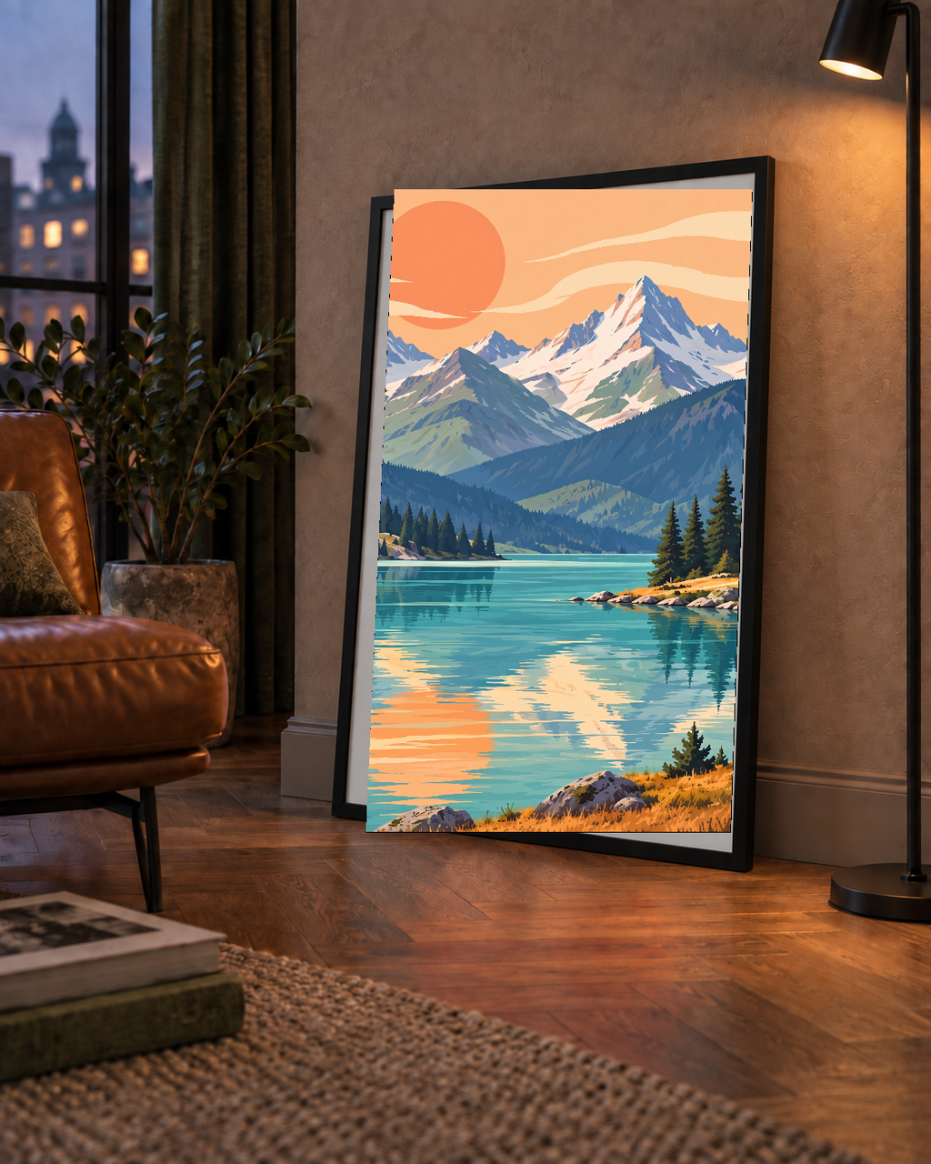Göl Kenarında Dağ Manzarası Pastel Dijital Poster