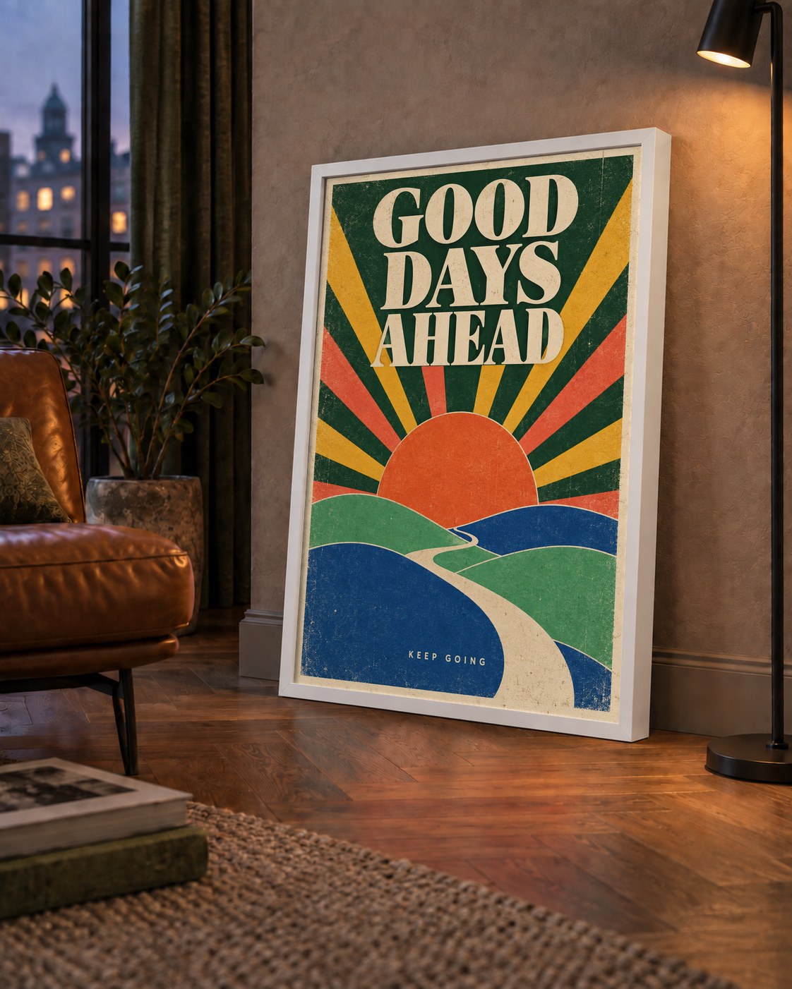 Retro Umut Verici Manzara Poster – Good Days Ahead Tasarımı — çerçeveli hâliyle bir ev duvarında