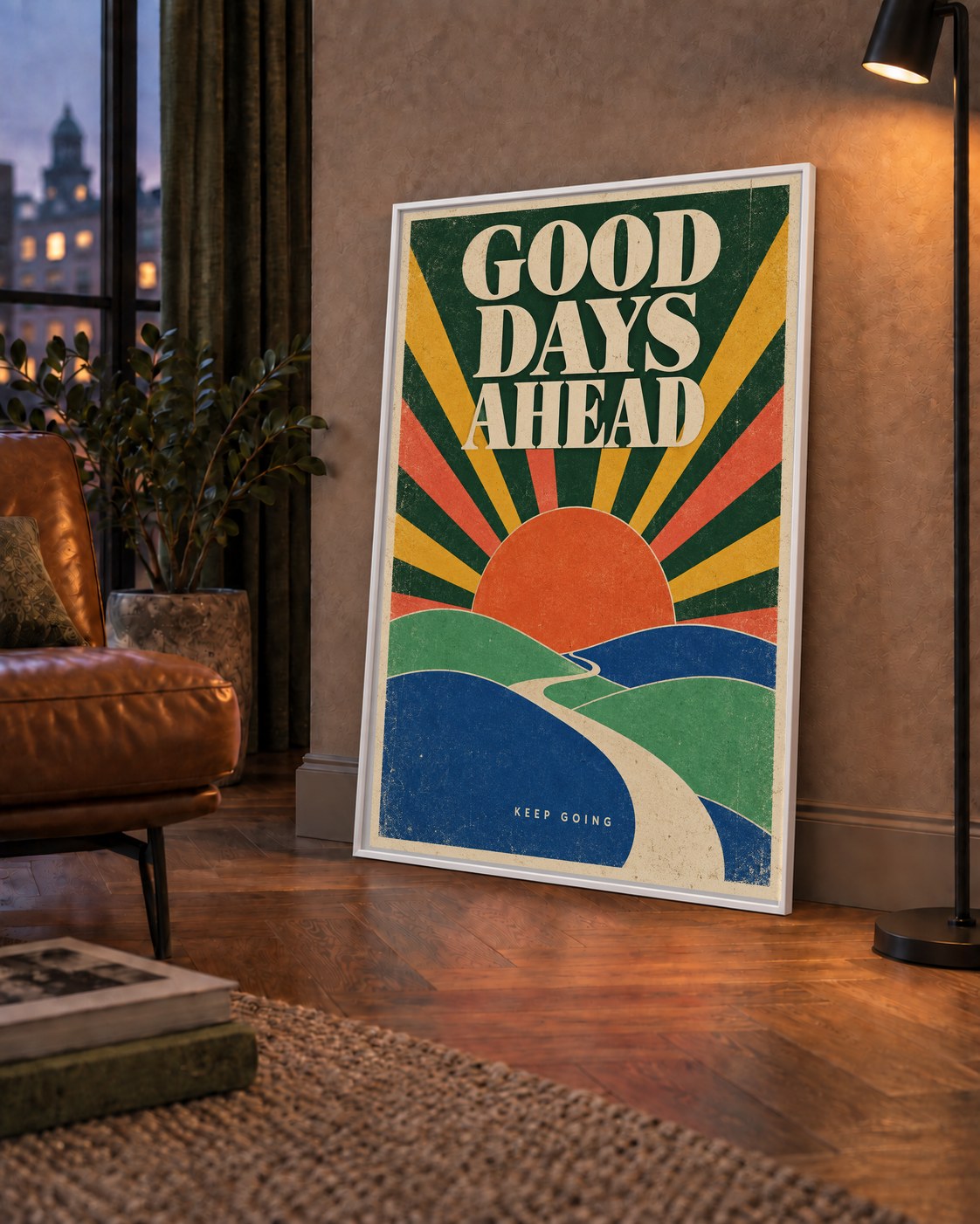 Retro Umut Verici Manzara Poster – Good Days Ahead Tasarımı — çerçeveli hâliyle bir ev duvarında