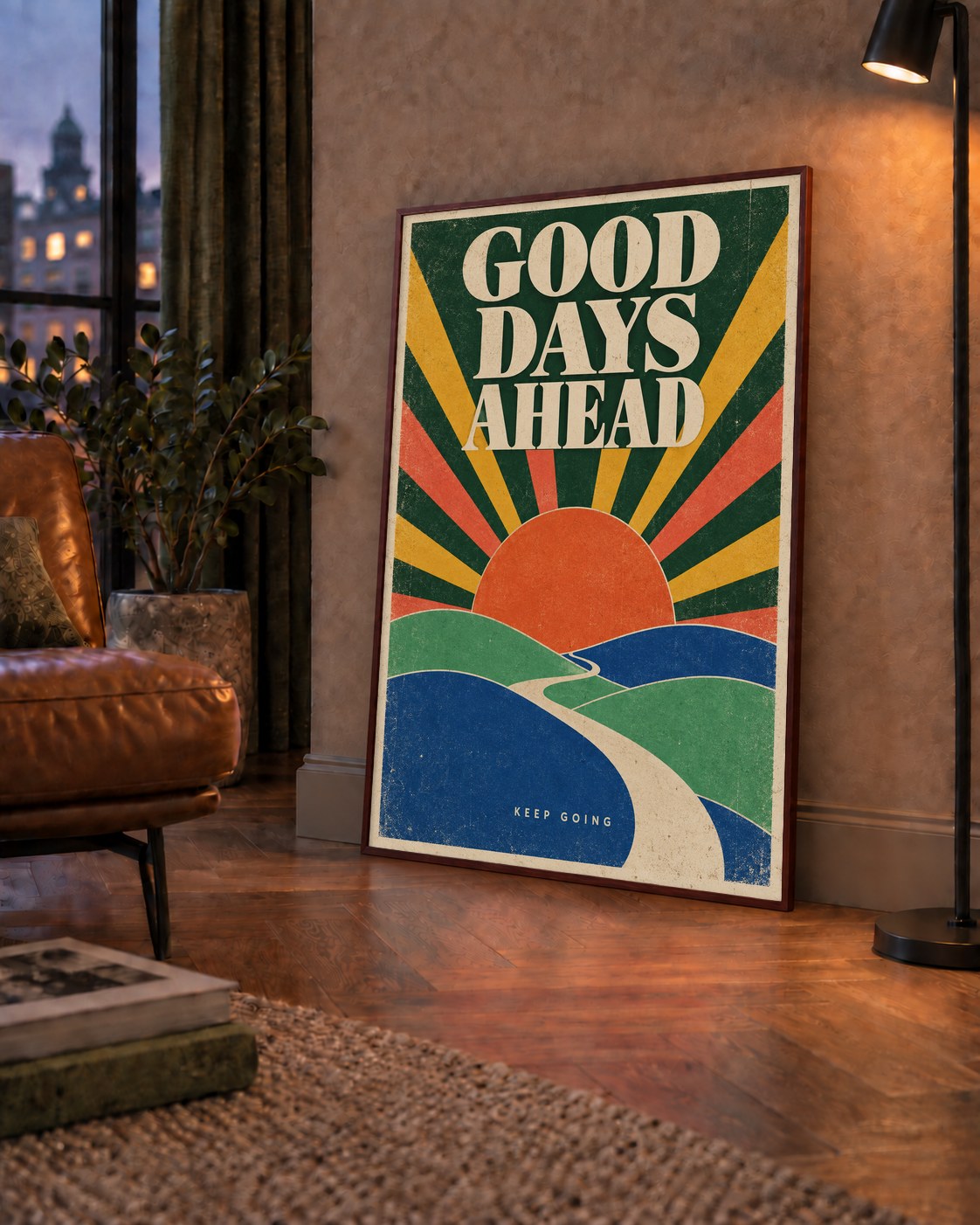 Retro Umut Verici Manzara Poster – Good Days Ahead Tasarımı — çerçeveli hâliyle bir ev duvarında