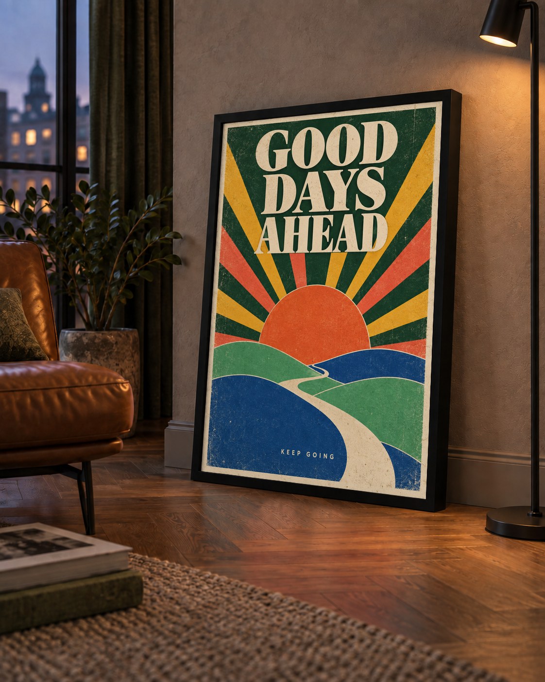 Retro Umut Verici Manzara Poster – Good Days Ahead Tasarımı — çerçeveli hâliyle bir ev duvarında