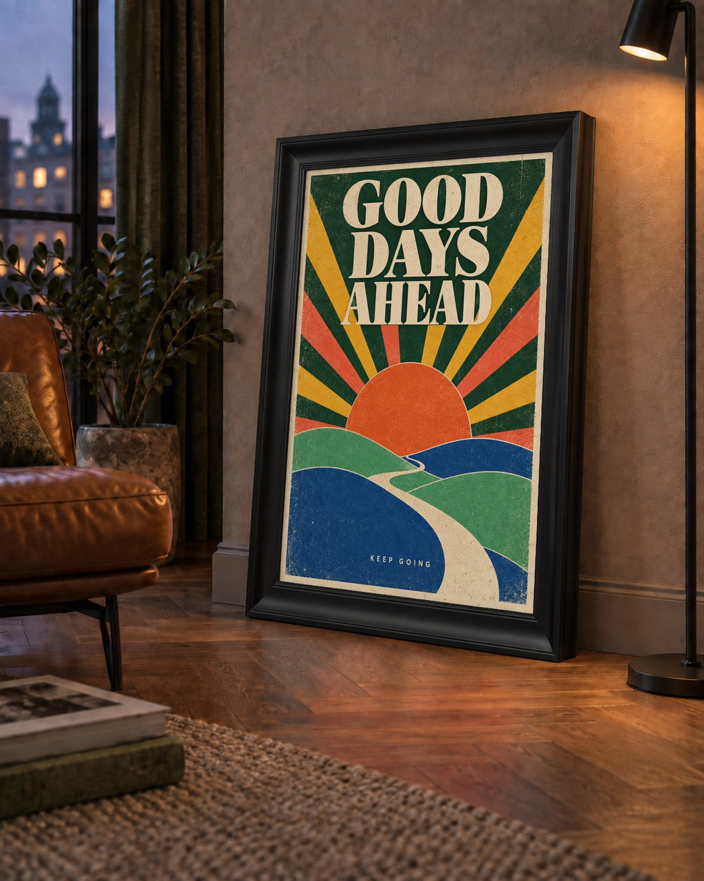 Retro Umut Verici Manzara Poster – Good Days Ahead Tasarımı — çerçeveli hâliyle bir ev duvarında