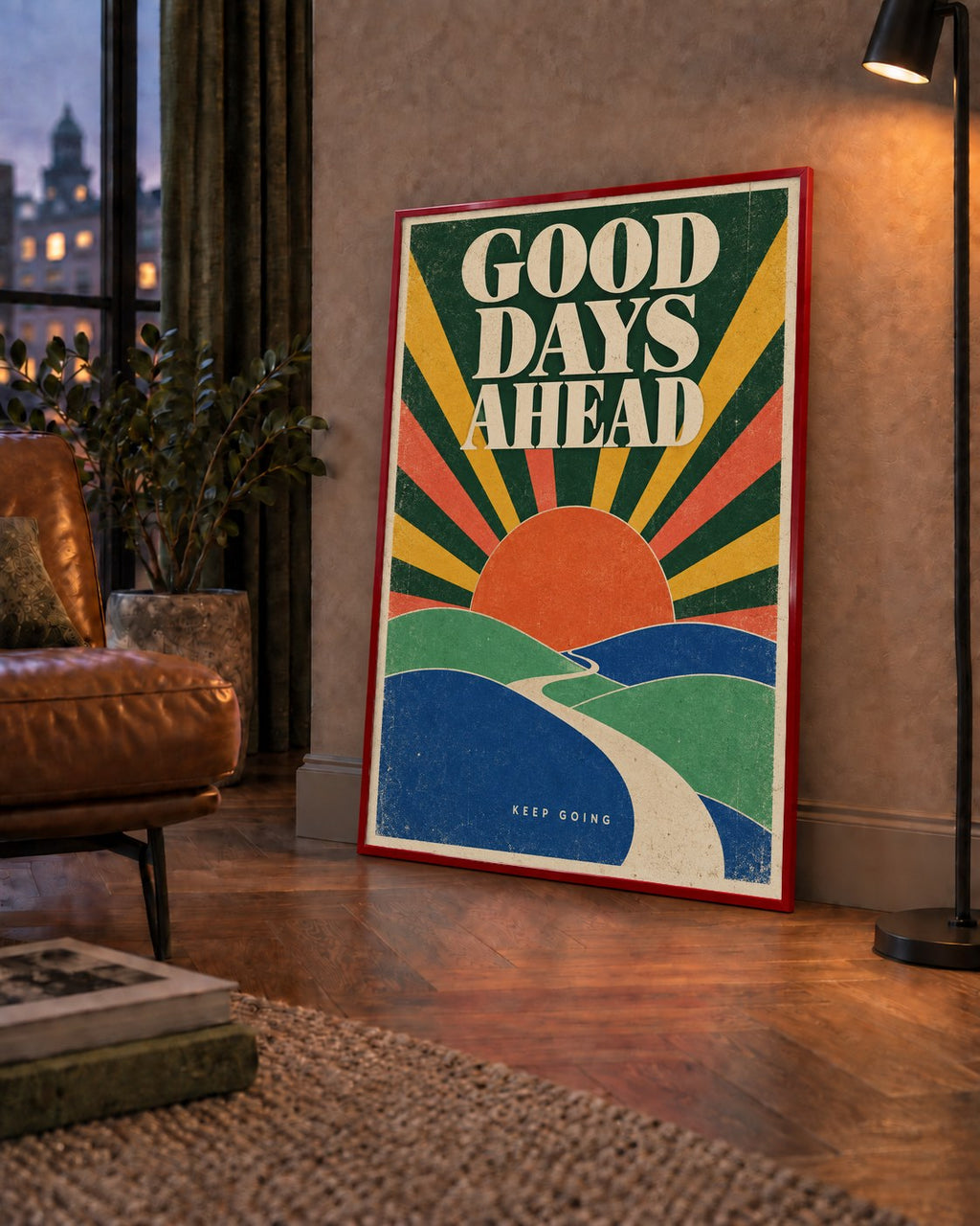 Retro Umut Verici Manzara Poster – Good Days Ahead Tasarımı — çerçeveli hâliyle bir ev duvarında