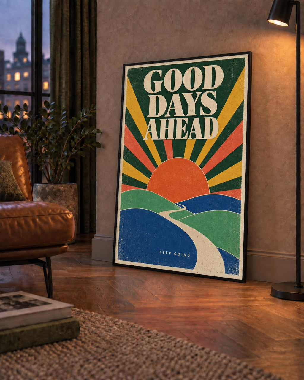 Retro Umut Verici Manzara Poster – Good Days Ahead Tasarımı — çerçeveli hâliyle bir ev duvarında