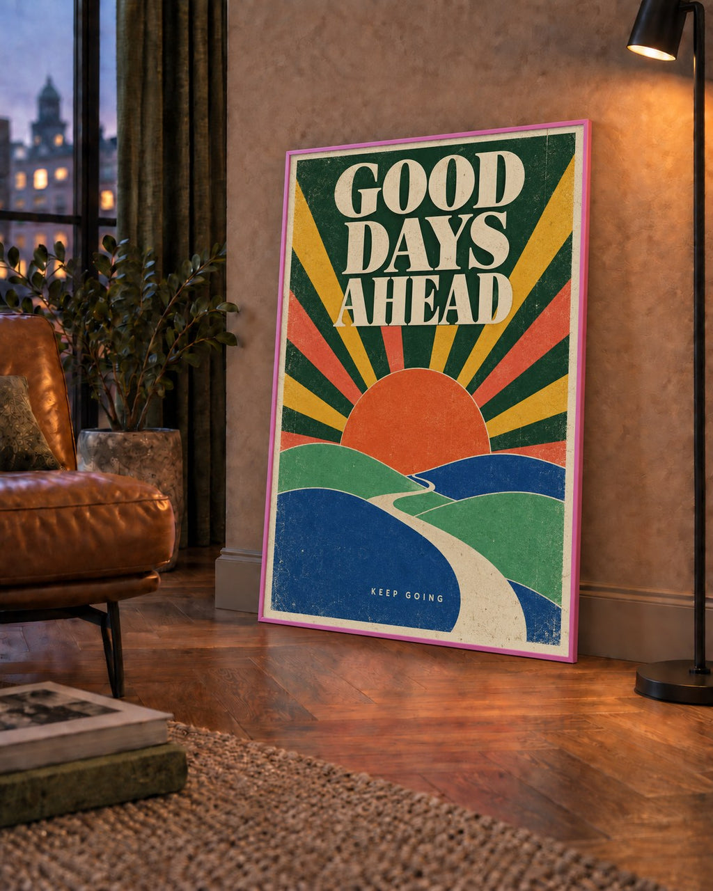 Retro Umut Verici Manzara Poster – Good Days Ahead Tasarımı — çerçeveli hâliyle bir ev duvarında