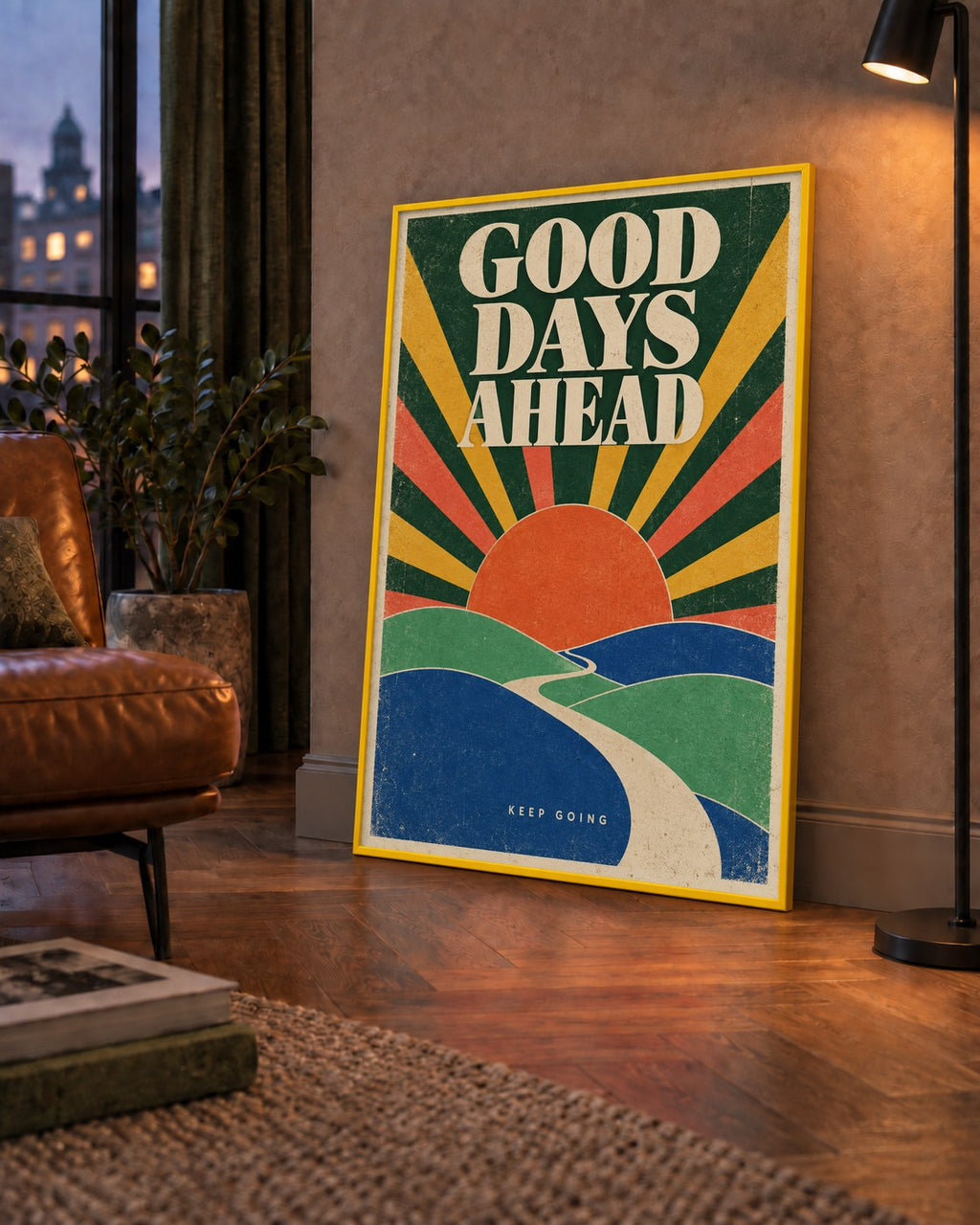 Retro Umut Verici Manzara Poster – Good Days Ahead Tasarımı — çerçeveli hâliyle bir ev duvarında