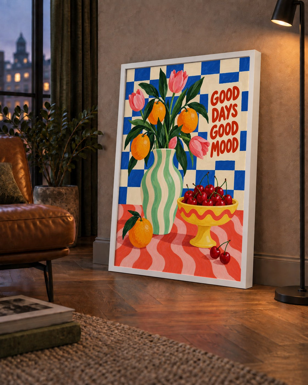 Good Days Good Mood Renkli Natürmort Posteri — çerçeveli hâliyle bir ev duvarında