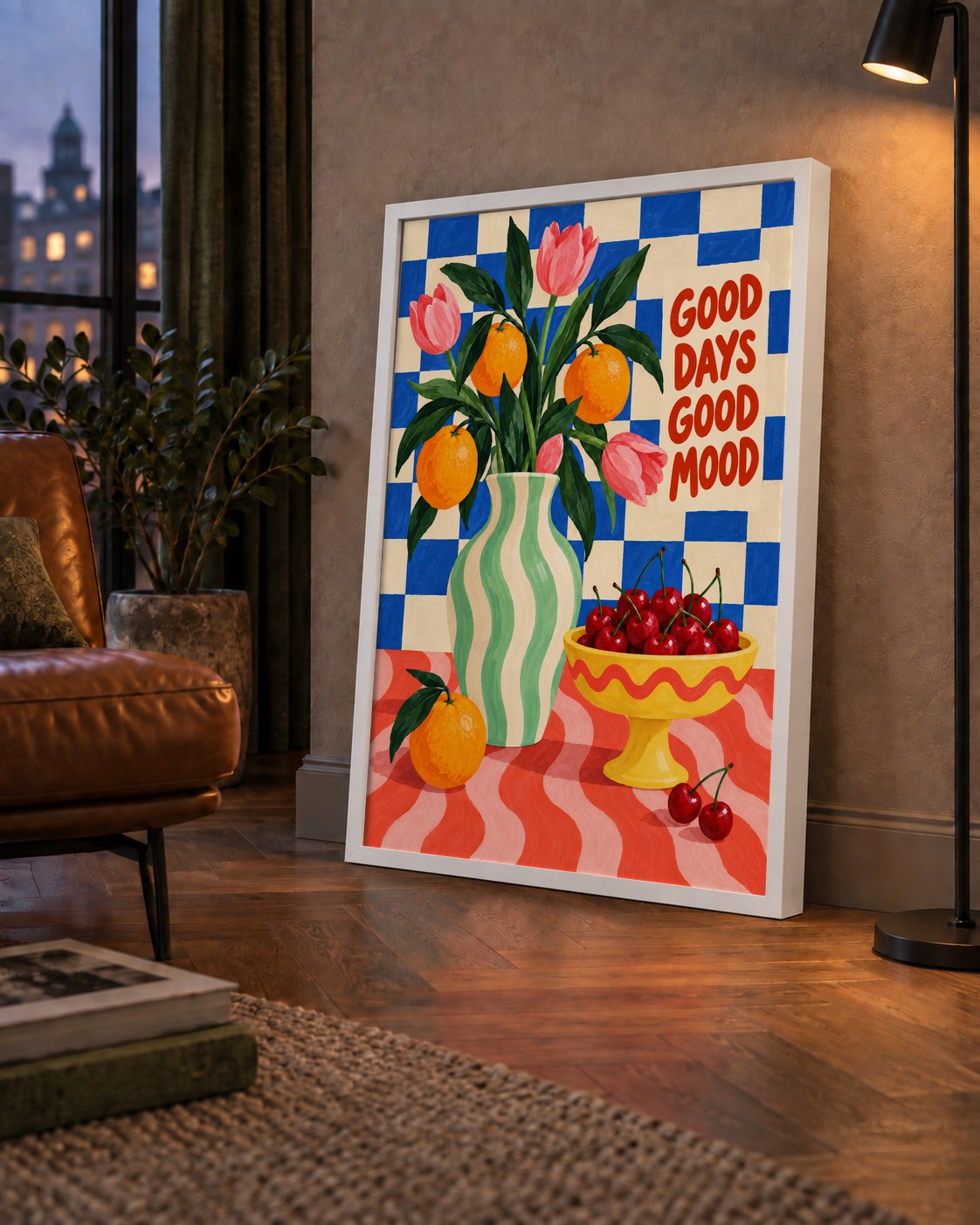 Good Days Good Mood Renkli Natürmort Posteri — çerçeveli hâliyle bir ev duvarında