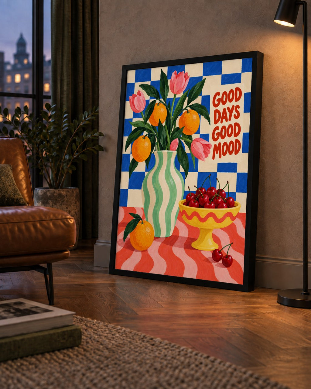 Good Days Good Mood Renkli Natürmort Posteri — çerçeveli hâliyle bir ev duvarında