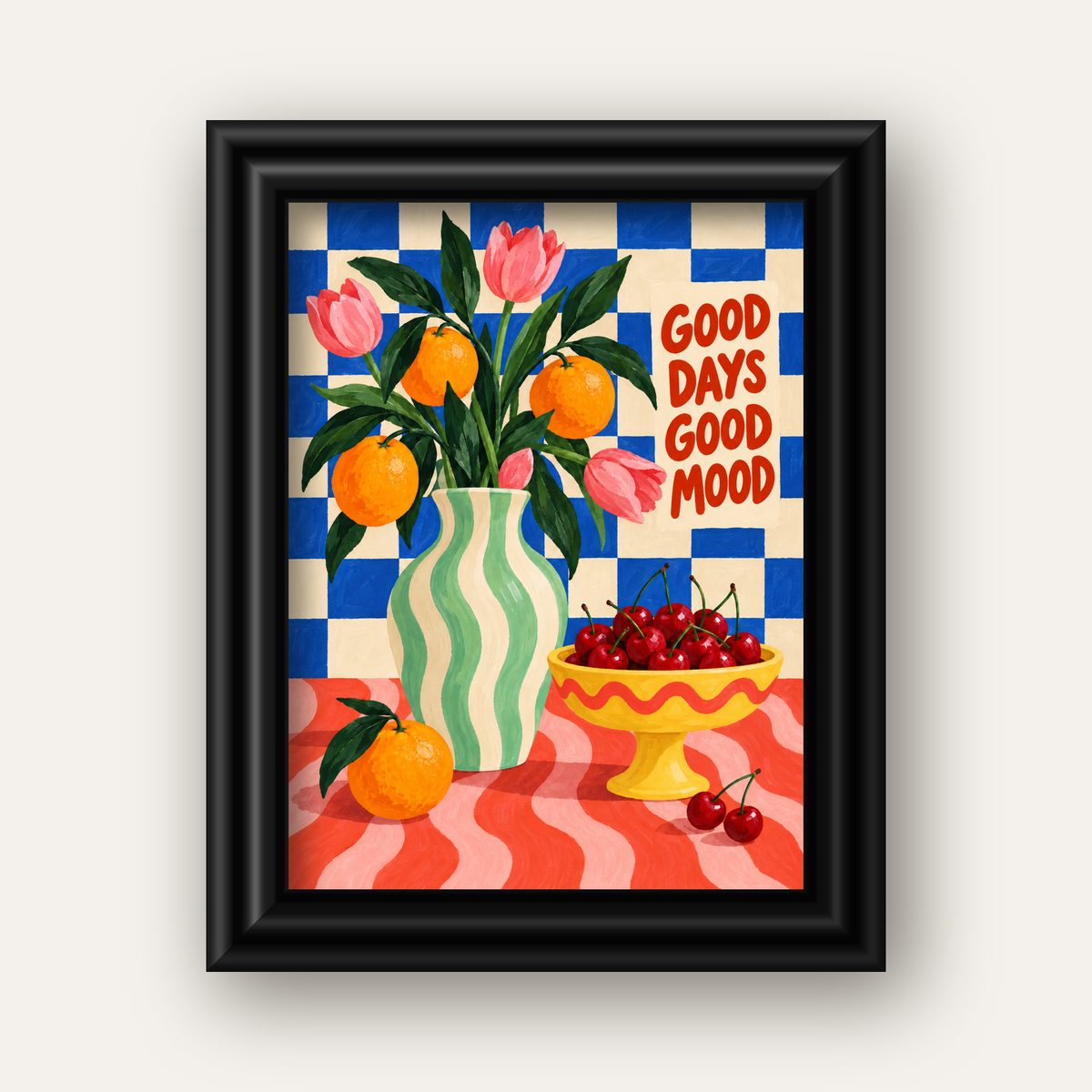 Good Days Good Mood Renkli Natürmort Posteri — siyah galeri çerçeveli