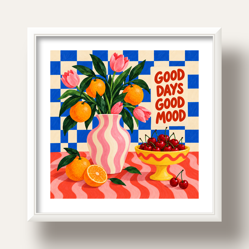 Good Days Good Mood Renkli Natürmort Posteri — beyaz derin çerçeveli paspartulu