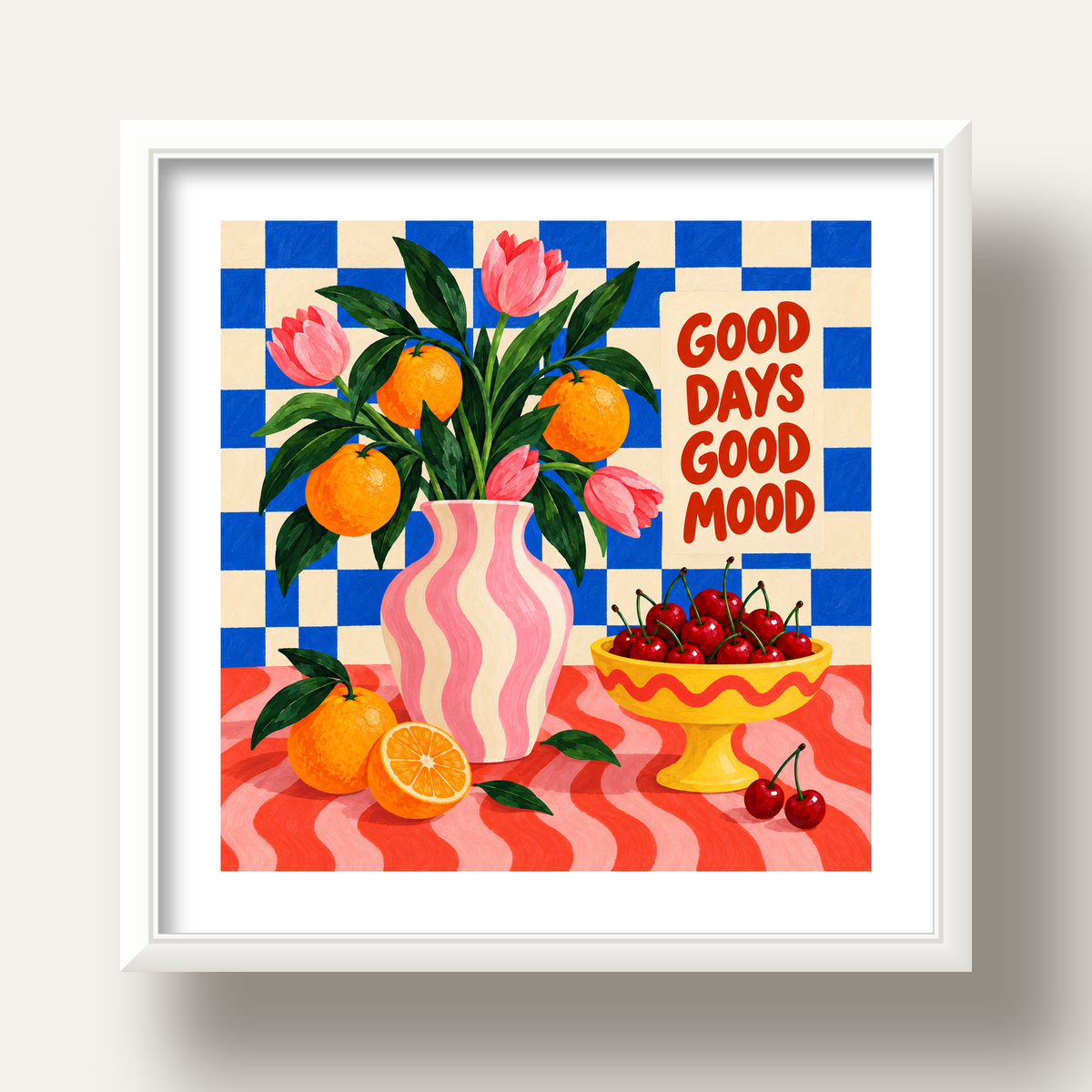 Good Days Good Mood Renkli Natürmort Posteri — beyaz derin çerçeveli paspartulu