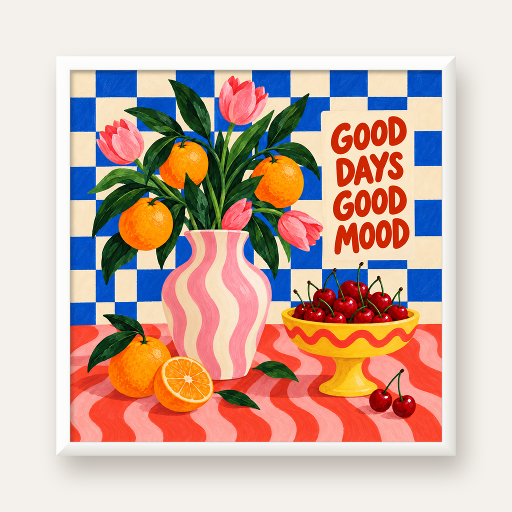 Good Days Good Mood Renkli Natürmort Posteri — beyaz çerçeveli kare poster
