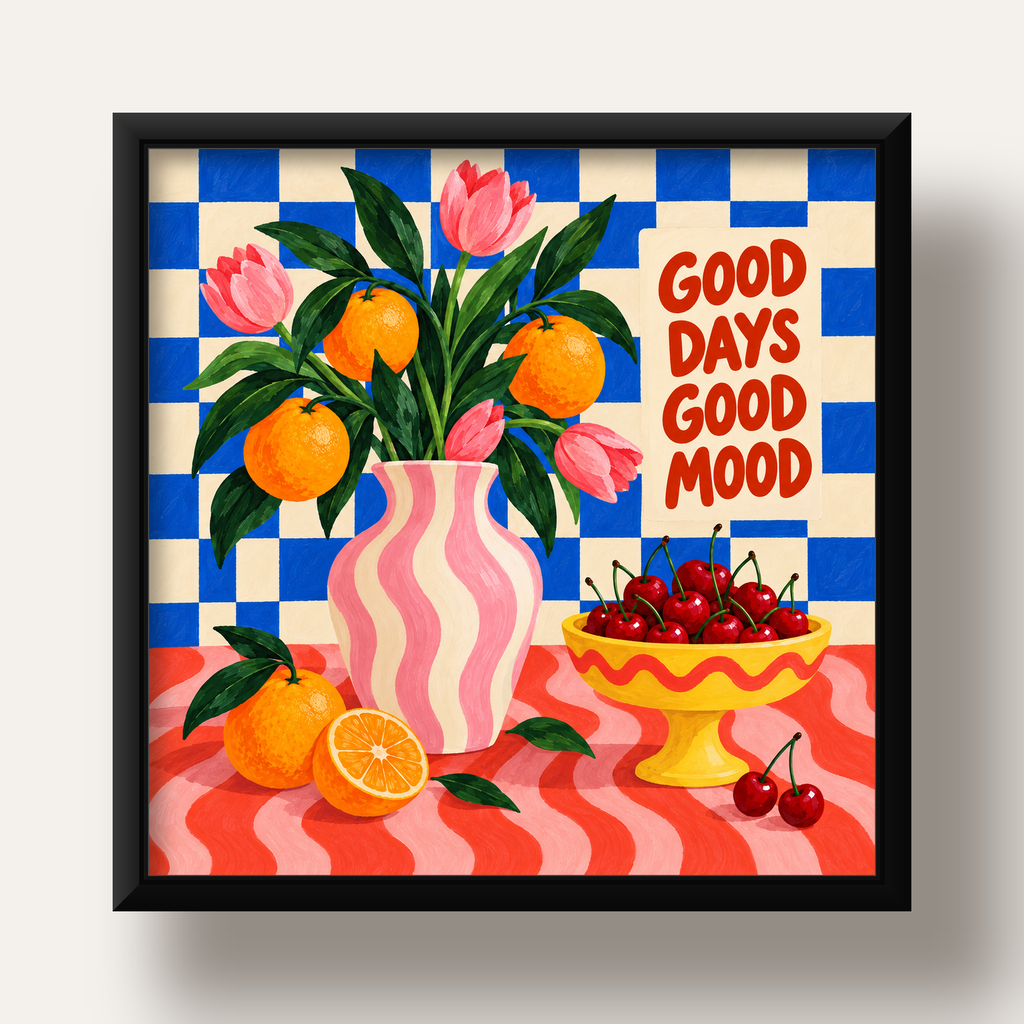 Good Days Good Mood Renkli Natürmort Posteri — siyah derin çerçeveli