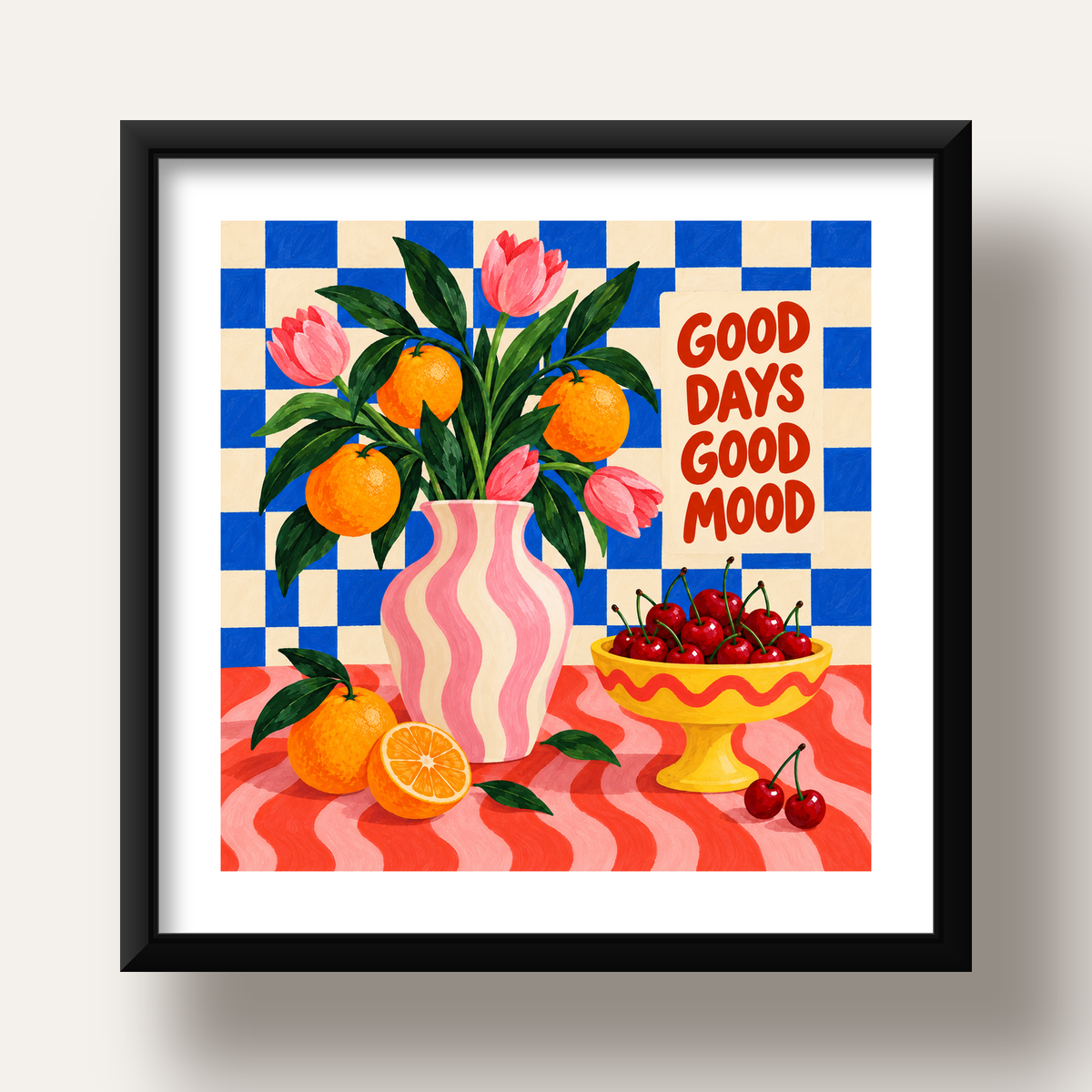 Good Days Good Mood Renkli Natürmort Posteri — siyah derin çerçeveli paspartulu