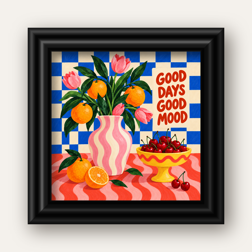 Good Days Good Mood Renkli Natürmort Posteri — siyah galeri çerçeveli