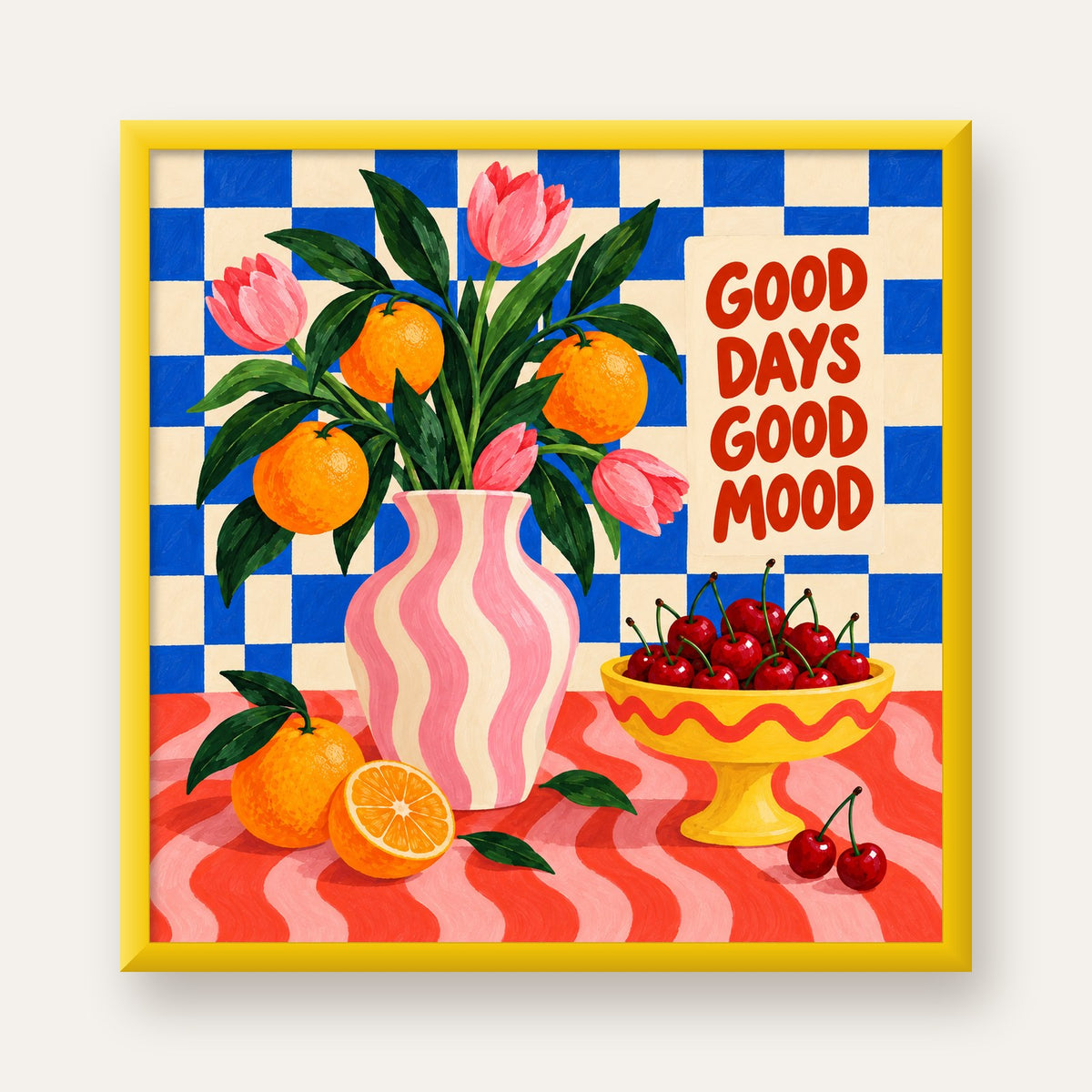 Good Days Good Mood Renkli Natürmort Posteri — sarı çerçeveli