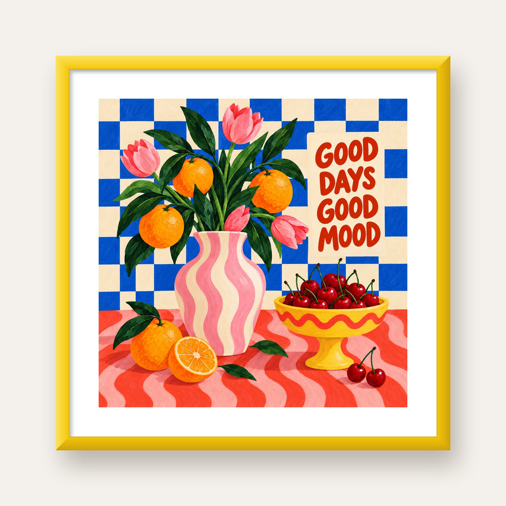 Good Days Good Mood Renkli Natürmort Posteri — sarı çerçeveli paspartulu