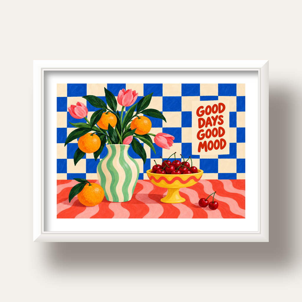 Good Days Good Mood Renkli Natürmort Posteri — beyaz derin çerçeveli paspartulu