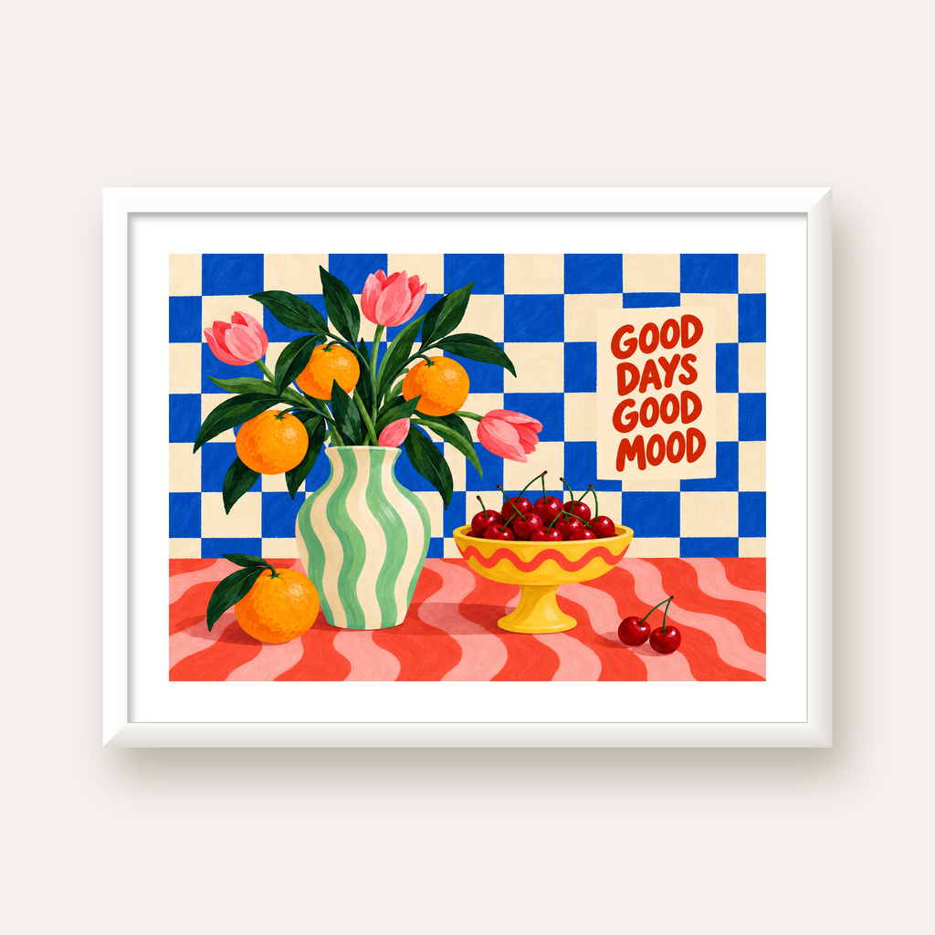 Good Days Good Mood Renkli Natürmort Posteri — beyaz çerçeveli yatay poster