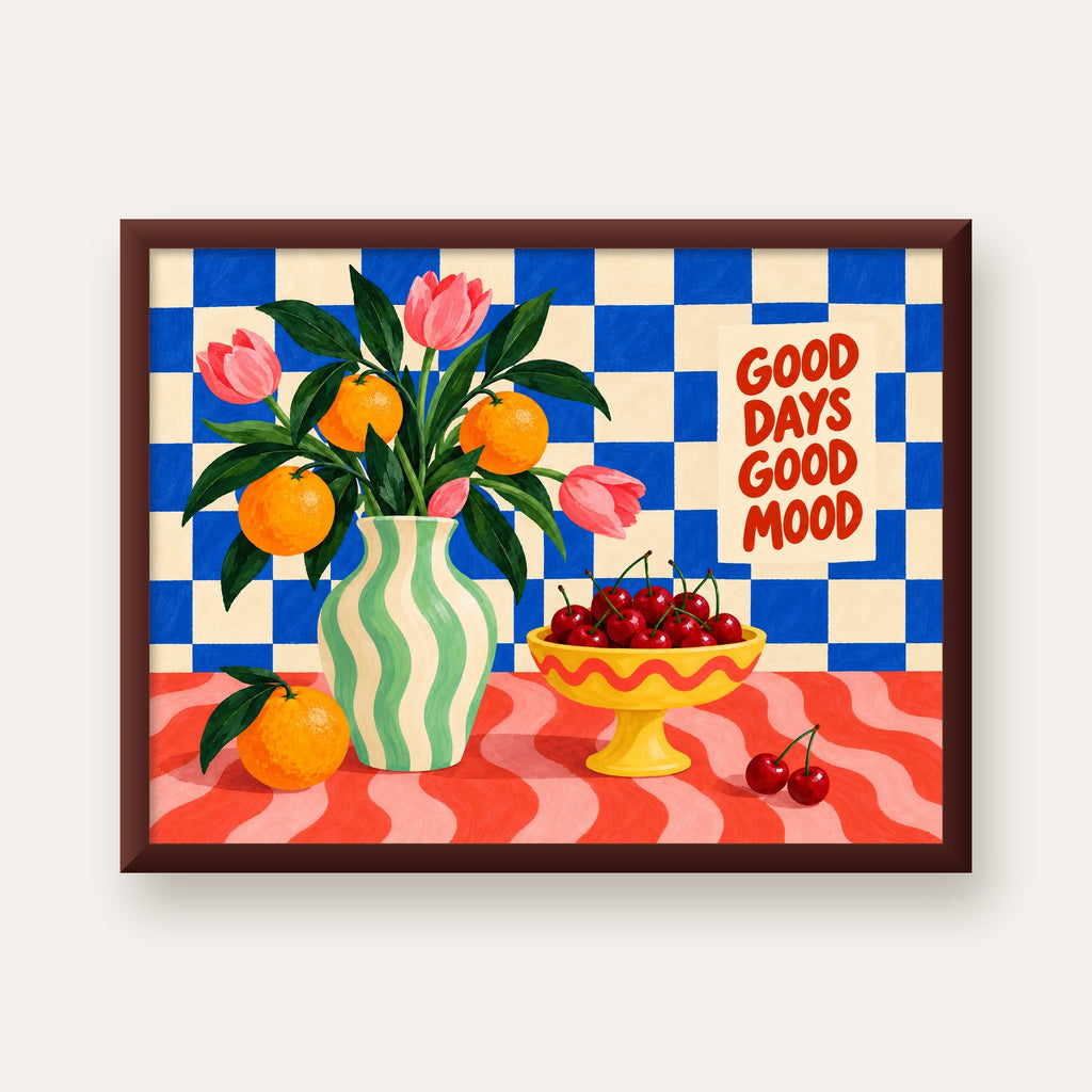 Good Days Good Mood Renkli Natürmort Posteri — ceviz çerçeveli