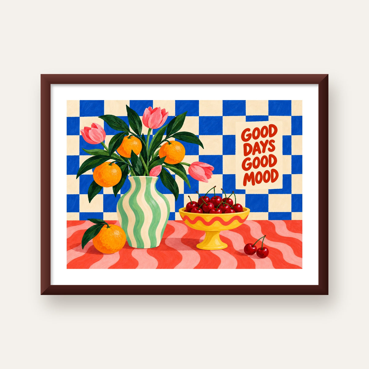 Good Days Good Mood Renkli Natürmort Posteri — ceviz çerçeveli paspartulu