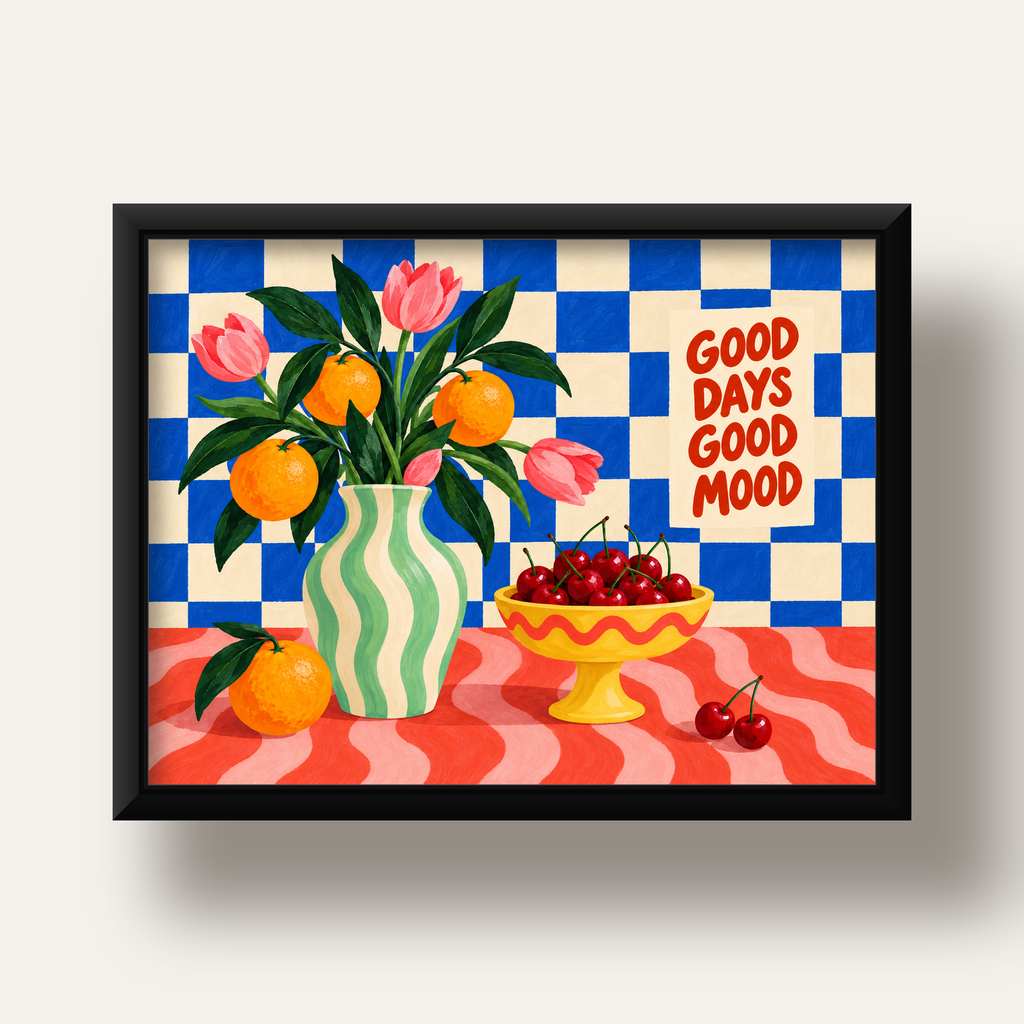 Good Days Good Mood Renkli Natürmort Posteri — siyah derin çerçeveli