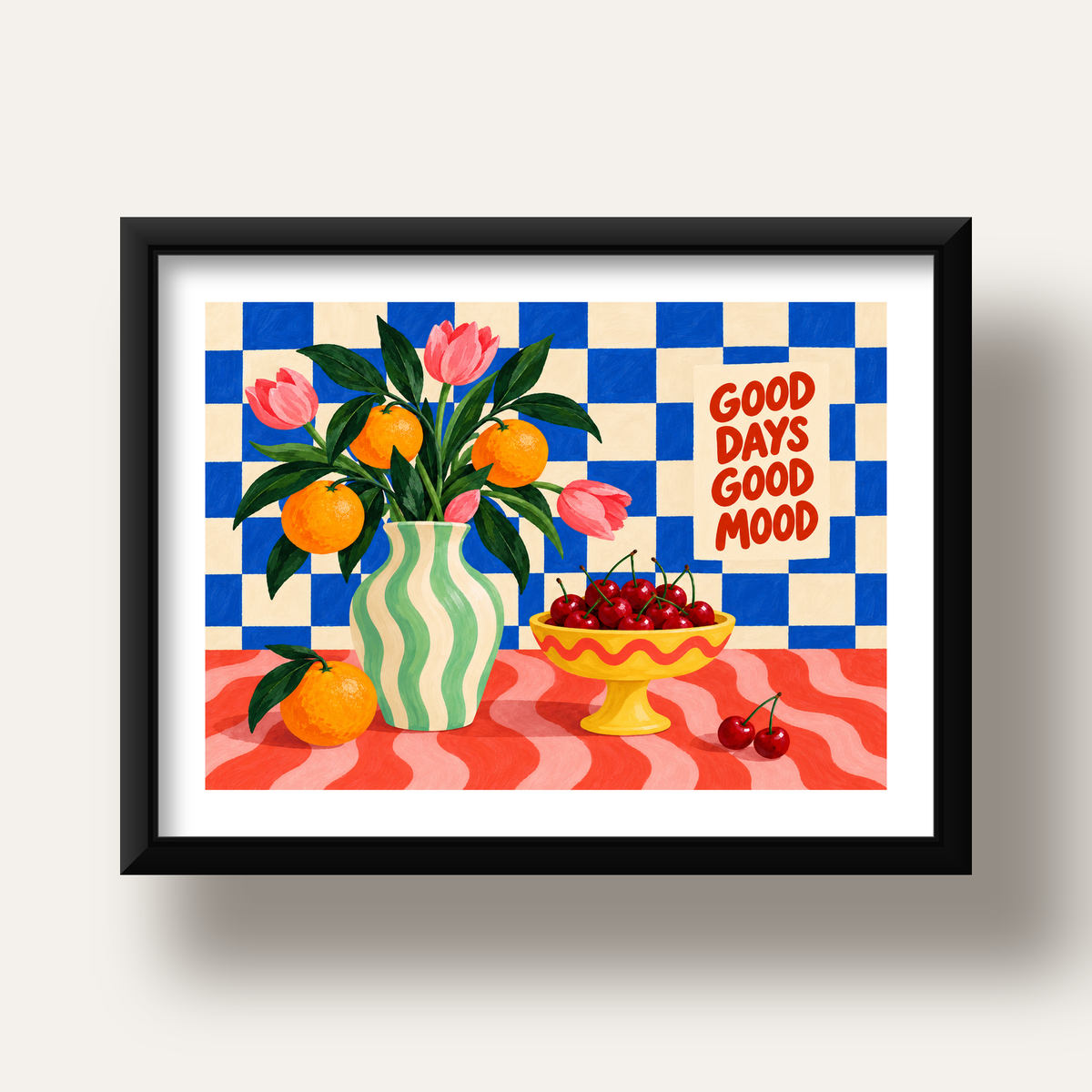 Good Days Good Mood Renkli Natürmort Posteri — siyah derin çerçeveli paspartulu