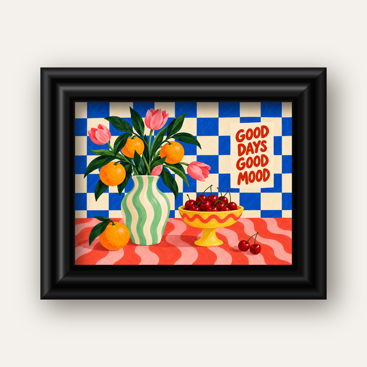 Good Days Good Mood Renkli Natürmort Posteri — siyah galeri çerçeveli