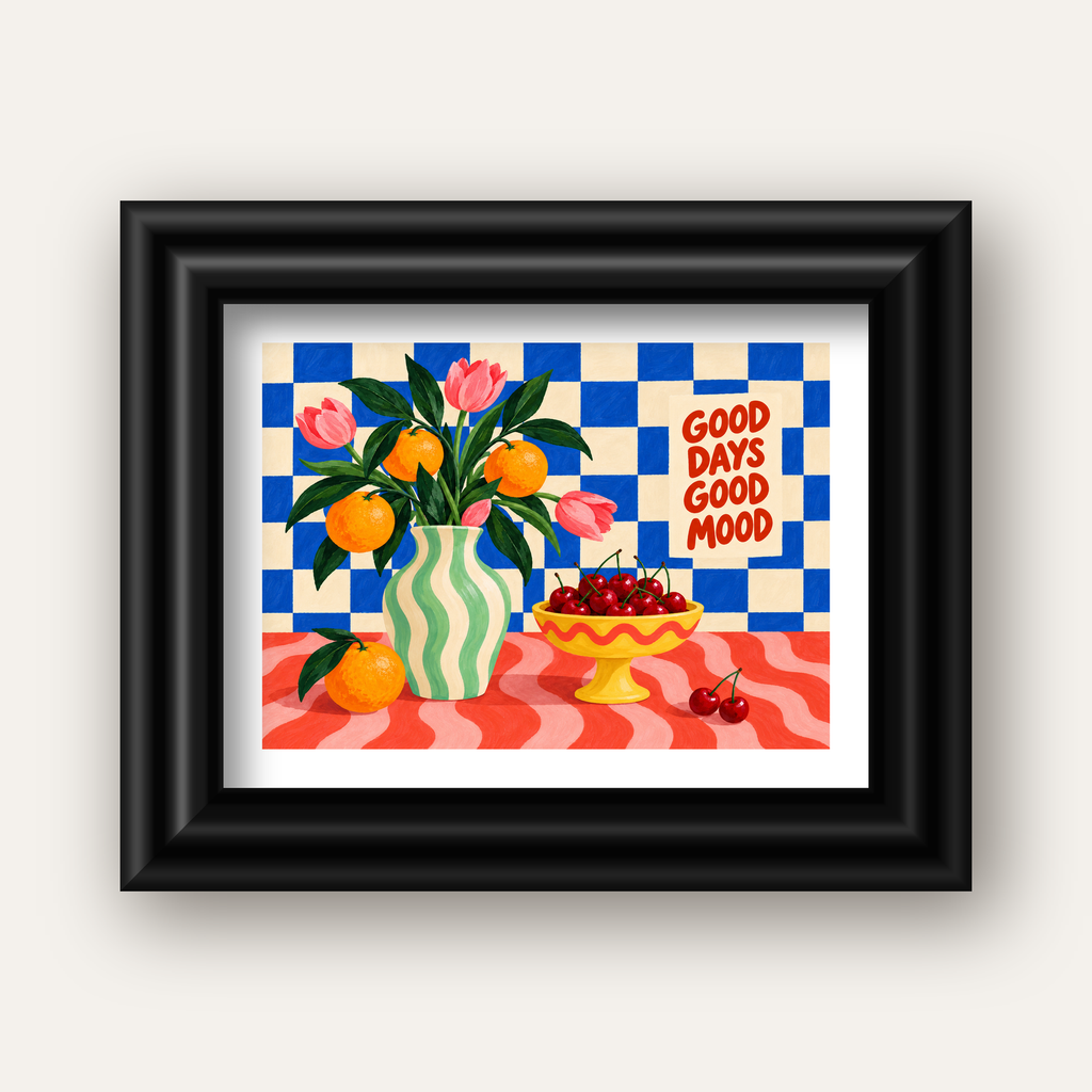Good Days Good Mood Renkli Natürmort Posteri — siyah galeri çerçeveli paspartulu