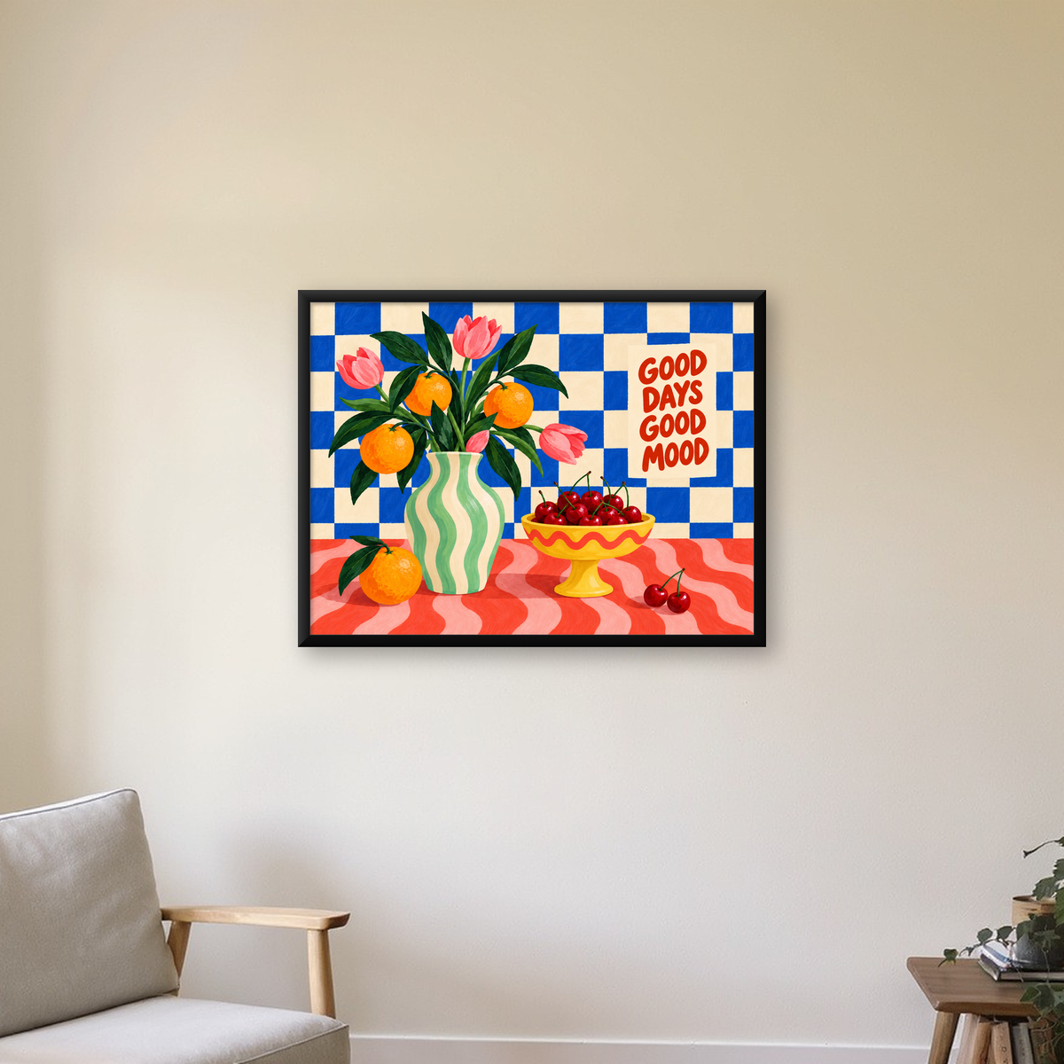 Meyve ve Çiçekli Masa Düzenlemesi Yağlı Boya Poster — Yatay baskı, çerçeveli hâliyle bir ev duvarında