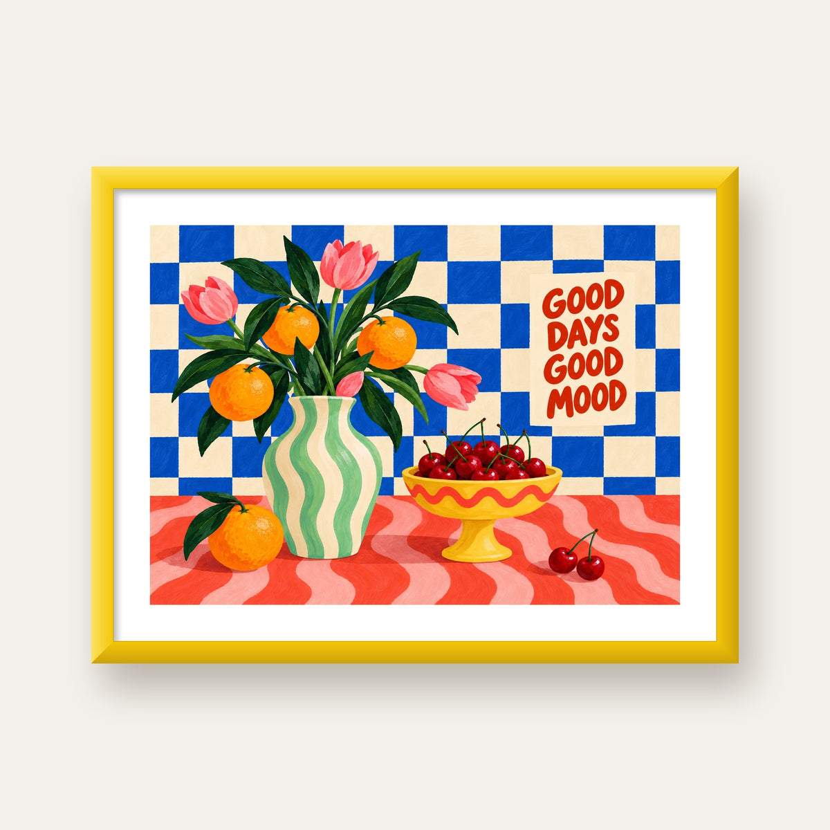 Good Days Good Mood Renkli Natürmort Posteri — sarı çerçeveli paspartulu