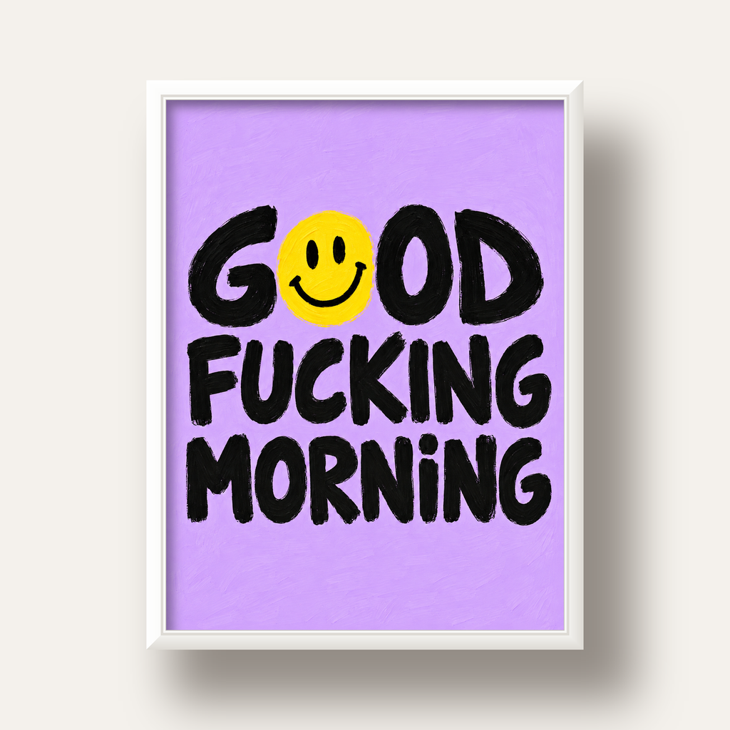 Good Fucking Morning Mizahi Poster – Mor & Sarı Dekor Baskı — beyaz derin çerçeveli