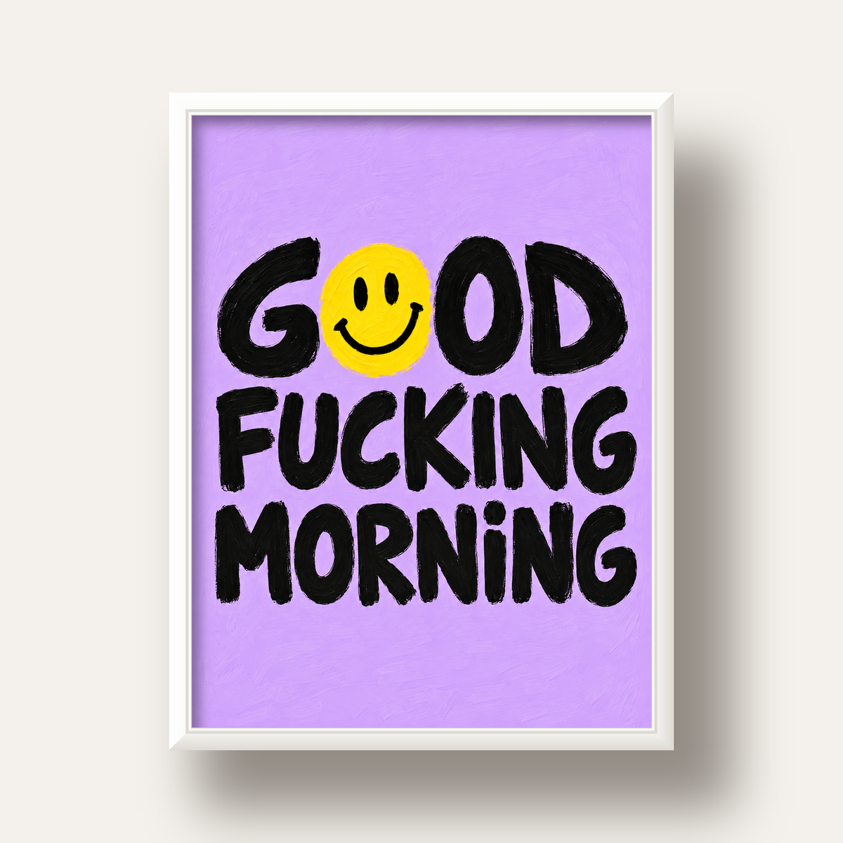 Good Fucking Morning Mizahi Poster – Mor & Sarı Dekor Baskı — beyaz derin çerçeveli