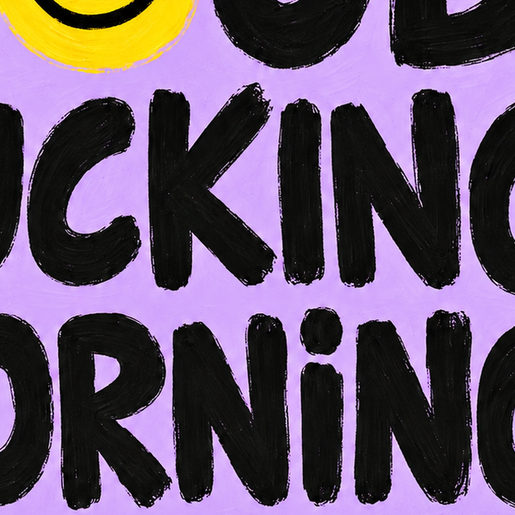 Good Fucking Morning Mizahi Poster – Mor & Sarı Dekor Baskı — baskının yakın çekimi, kâğıt dokusu ve renk detayı