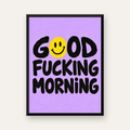 Good Fucking Morning Mizahi Poster – Mor & Sarı Dekor Baskı — Dikey baskı, düz siyah çerçeveli duvar posteri