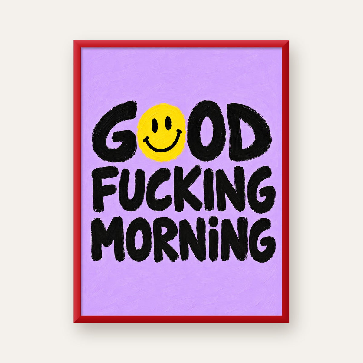Good Fucking Morning Mizahi Poster – Mor & Sarı Dekor Baskı — kırmızı çerçeveli