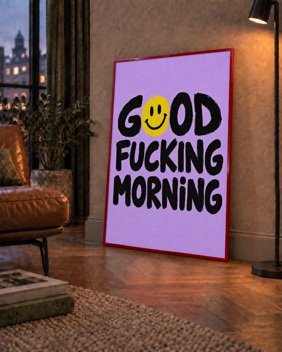 Good Fucking Morning Mizahi Poster – Mor & Sarı Dekor Baskı — çerçeveli hâliyle bir ev duvarında