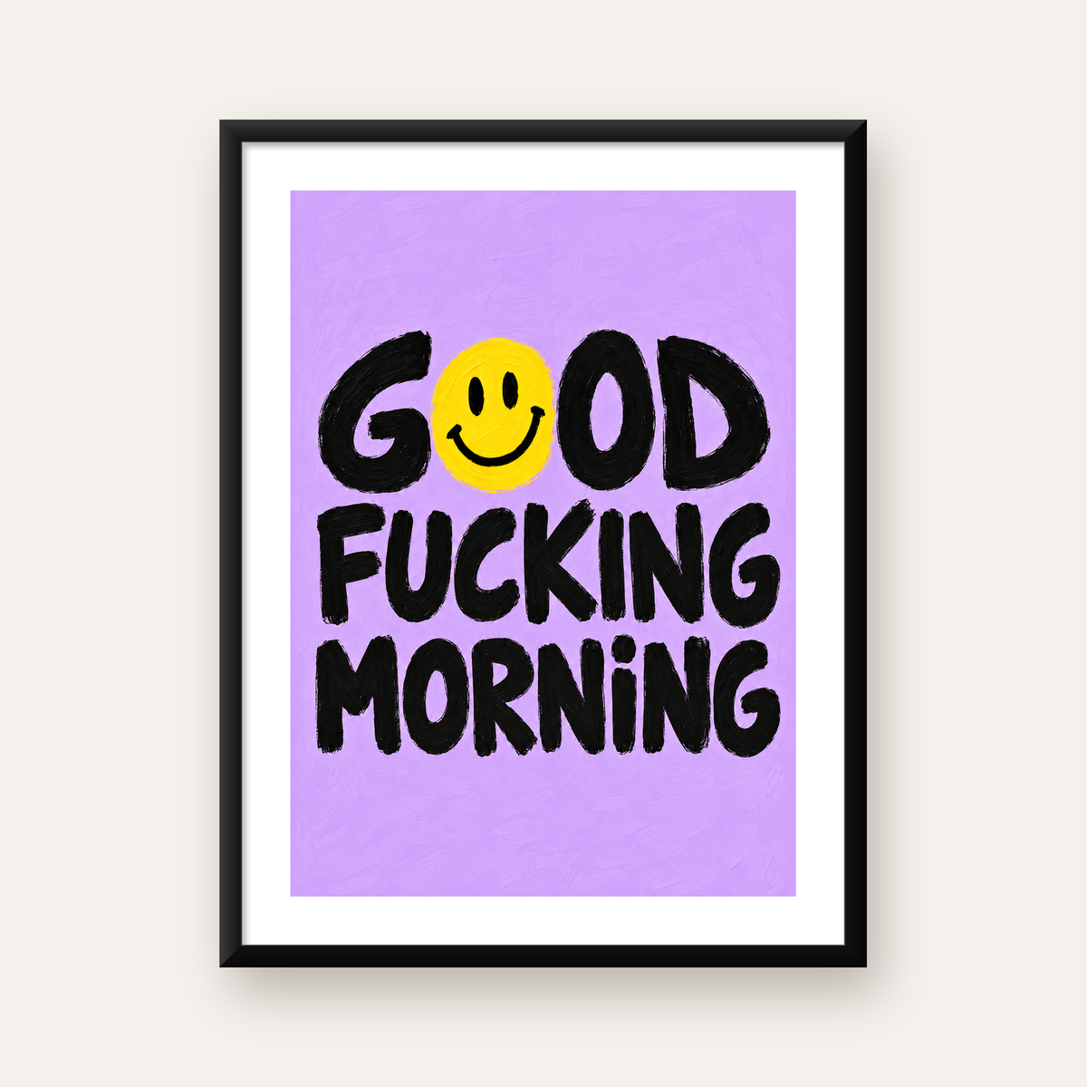 Good Fucking Morning Mizahi Poster – Mor & Sarı Dekor Baskı — Dikey baskı, beyaz paspartulu