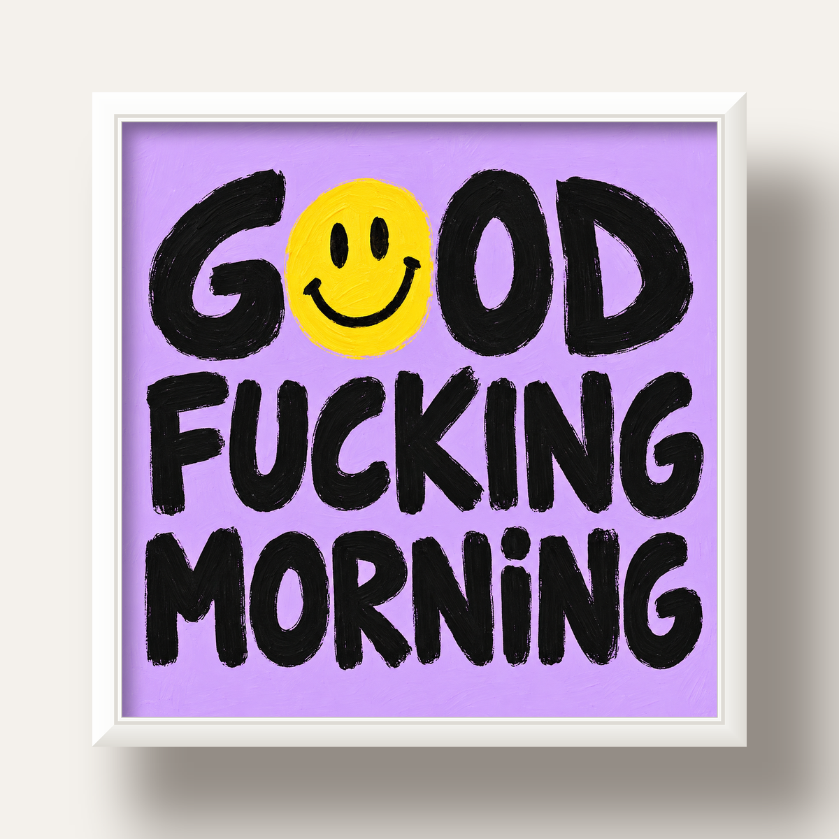 Good Fucking Morning Mizahi Poster – Mor & Sarı Dekor Baskı — beyaz derin çerçeveli