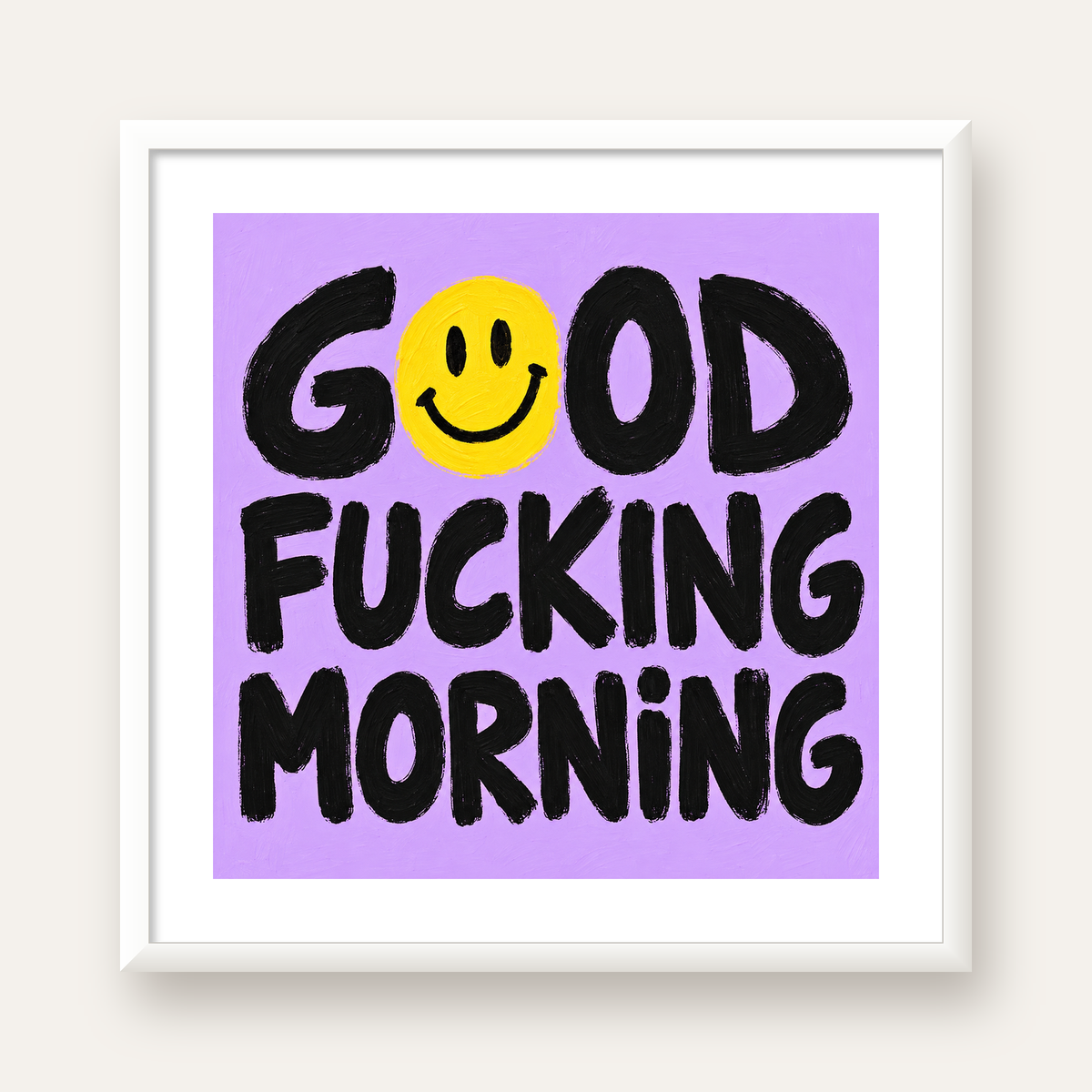 Good Fucking Morning Mizahi Poster – Mor & Sarı Dekor Baskı — beyaz çerçeveli kare poster