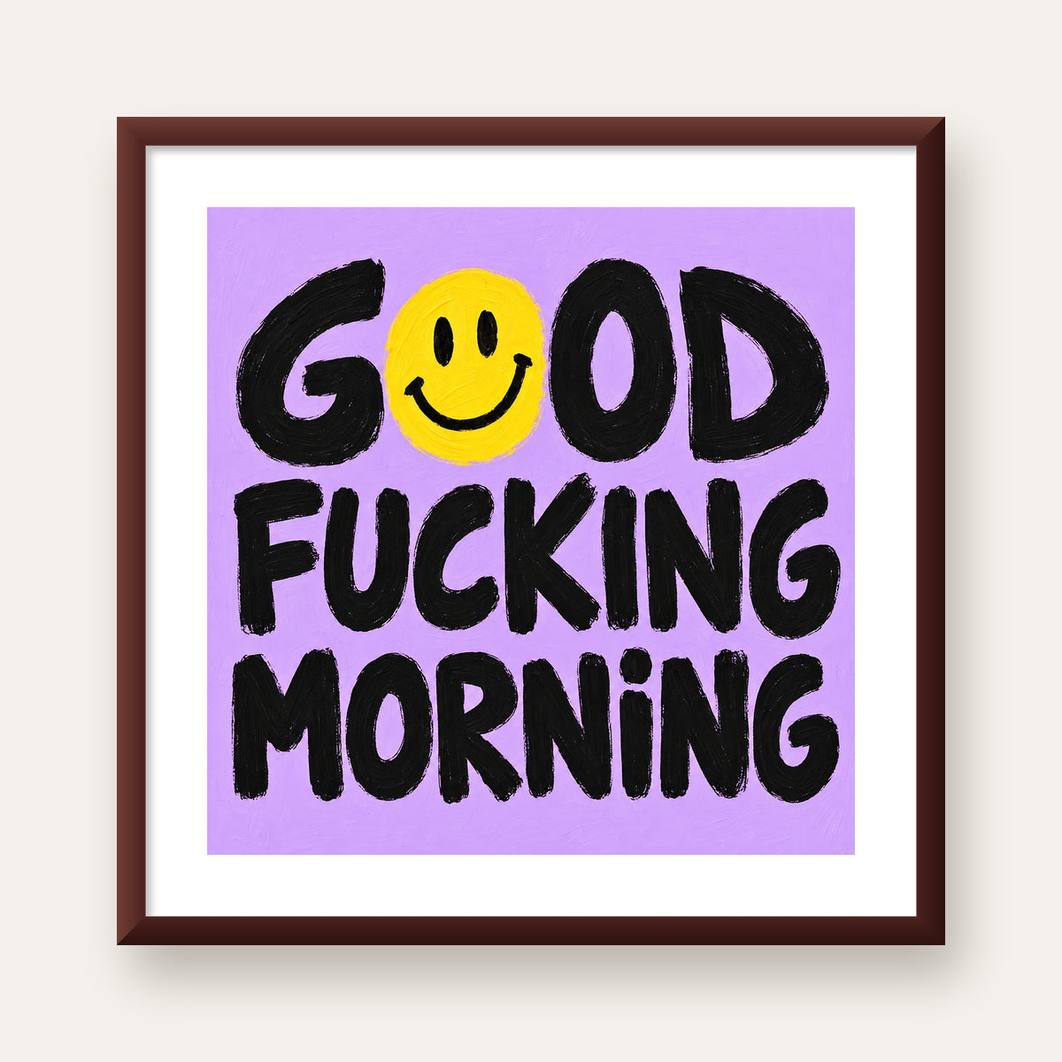 Good Fucking Morning Mizahi Poster – Mor & Sarı Dekor Baskı — ceviz çerçeveli paspartulu
