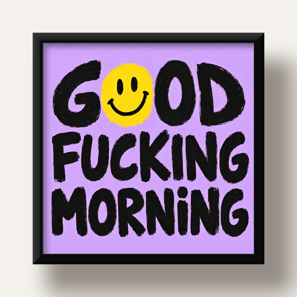 Good Fucking Morning Mizahi Poster – Mor & Sarı Dekor Baskı — siyah derin çerçeveli