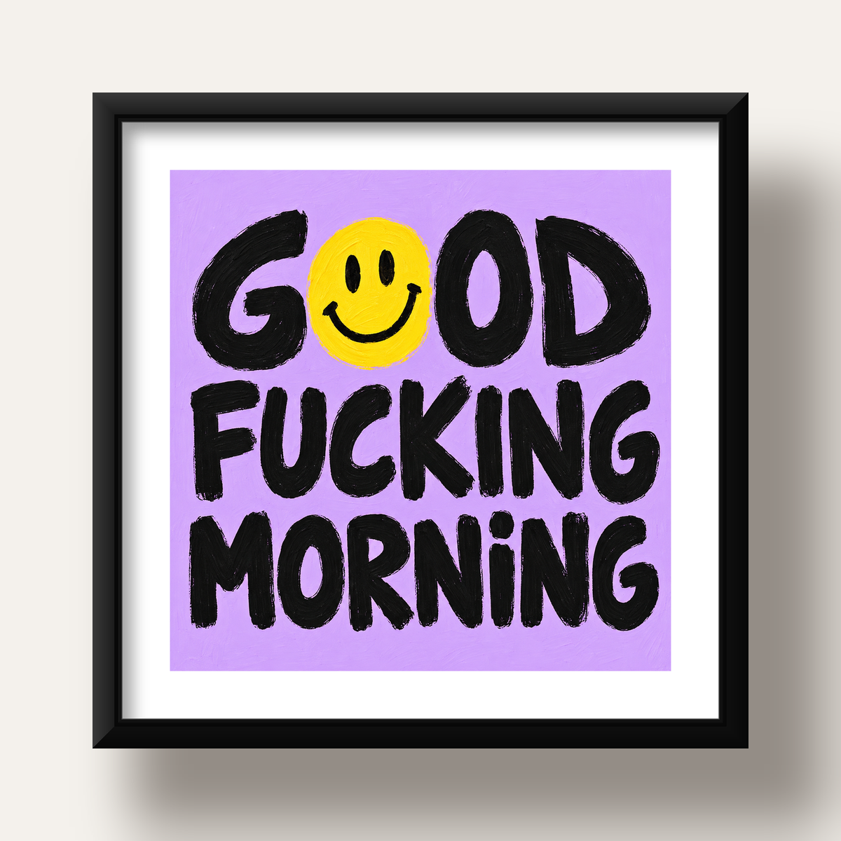 Good Fucking Morning Mizahi Poster – Mor & Sarı Dekor Baskı — siyah derin çerçeveli paspartulu