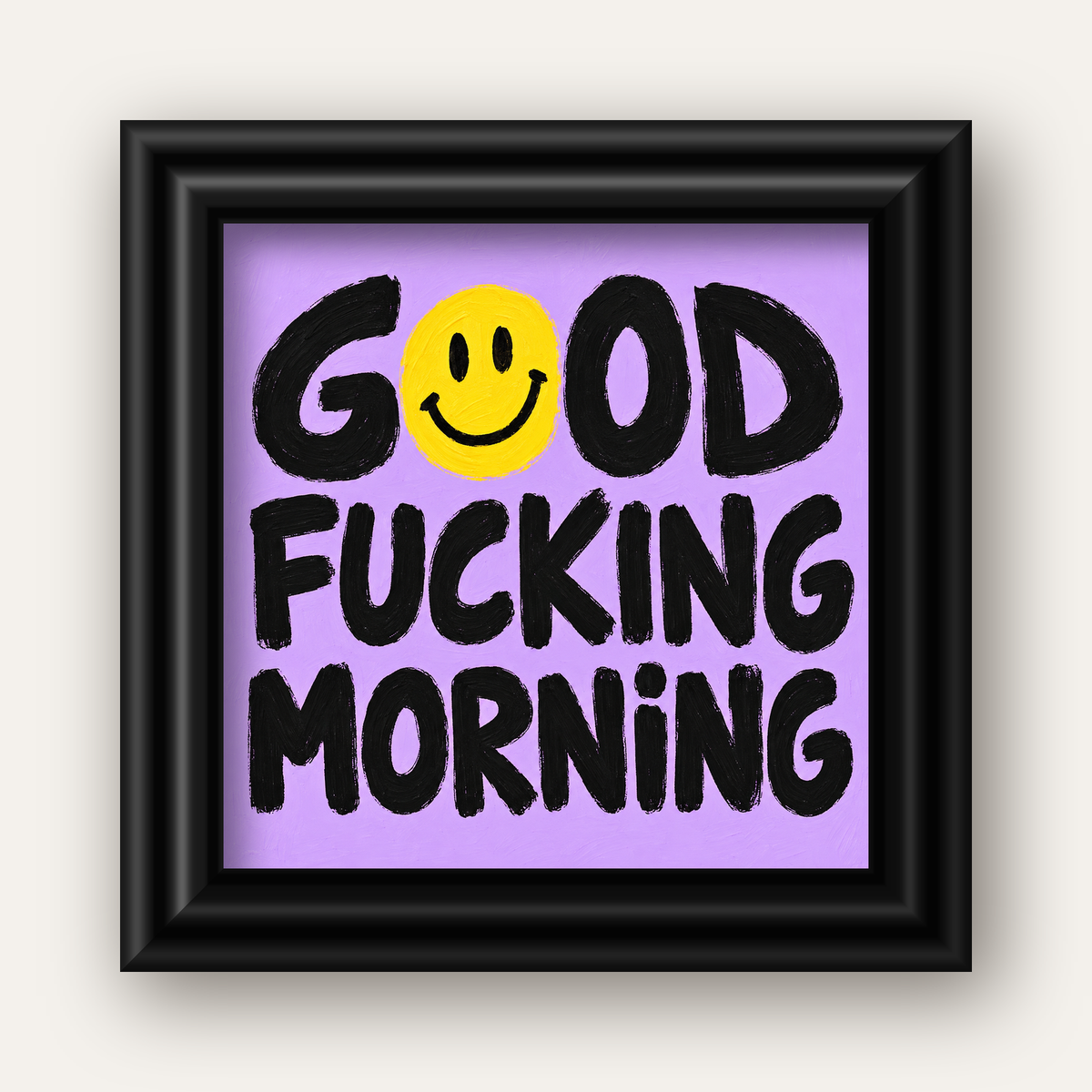 Good Fucking Morning Mizahi Poster – Mor & Sarı Dekor Baskı — siyah galeri çerçeveli